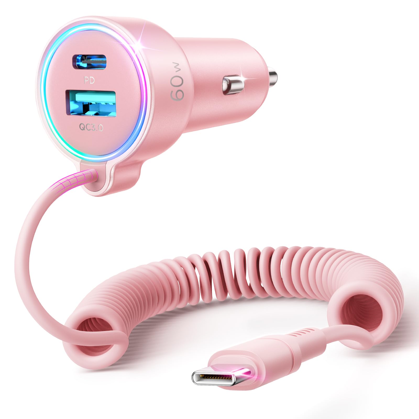 60W USB C Car Charger with PD & QC3.0 Fast Charging - 5ft 30W Type C Coiled Cable Included - Compatible with iPhone 15 Pro Max, Samsung Galaxy S24/S23/S22, Google Pixel, iPad Pro - Perfect for Road Trips & Daily Commutes