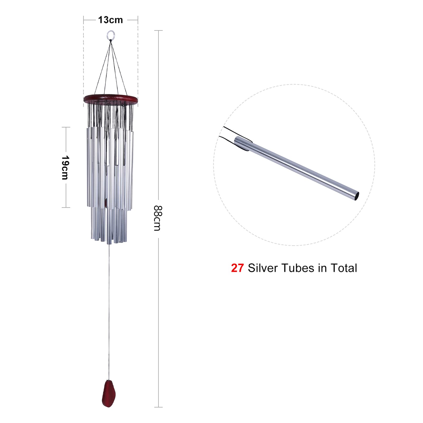 Large 27-Tube Silver Wind Chimes for Outdoor Garden Decor - Church Bells Style with Red Wood Base | Perfect for Patio, Porch & Backyard Relaxation