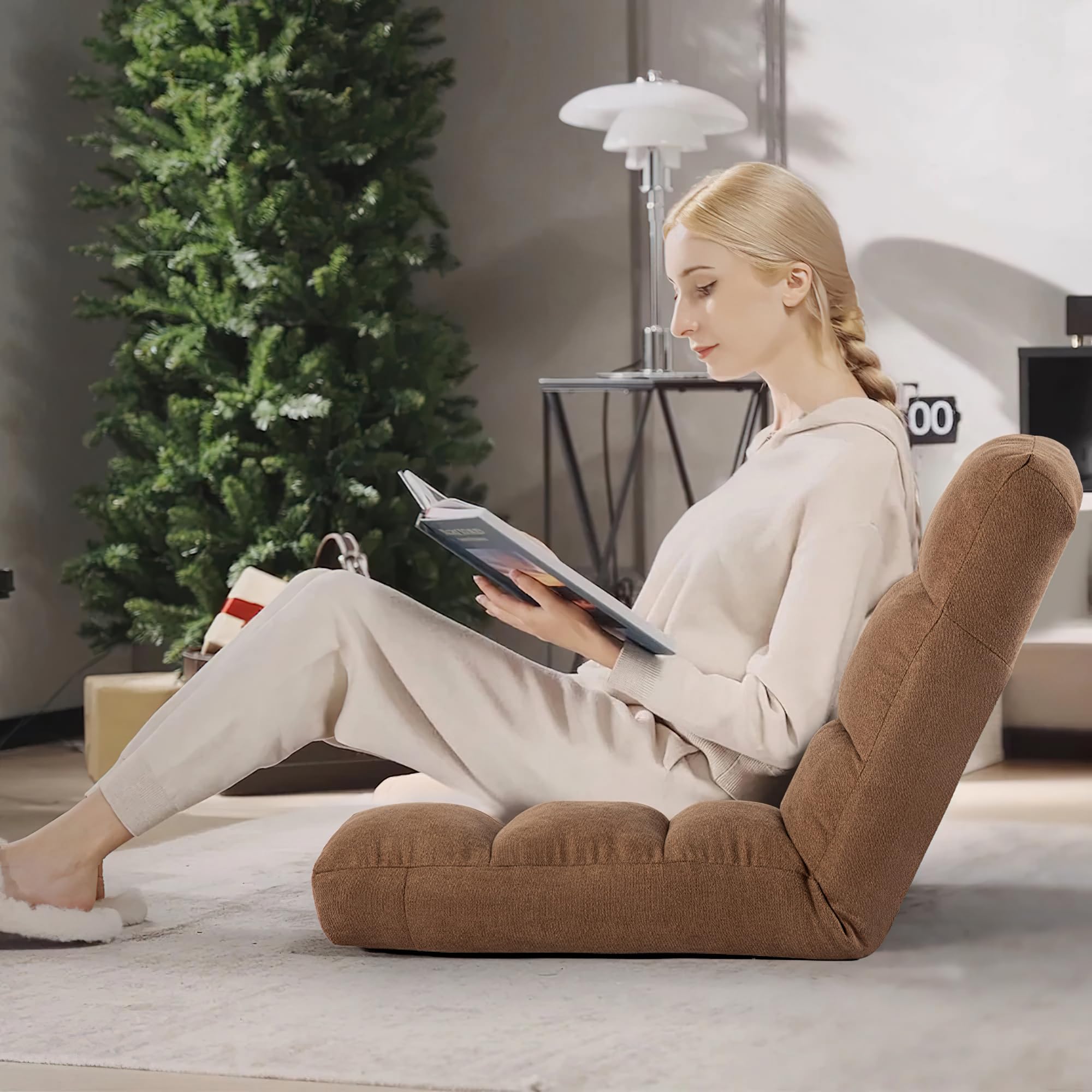 Adjustable Floor Chair with Back Support - 6-Position Folding Floor Chair for Gaming, Meditation & Relaxation - Padded Sleeper Bed for Adults in Rustic Tan - Perfect for Small Spaces, Living Rooms & Bedrooms