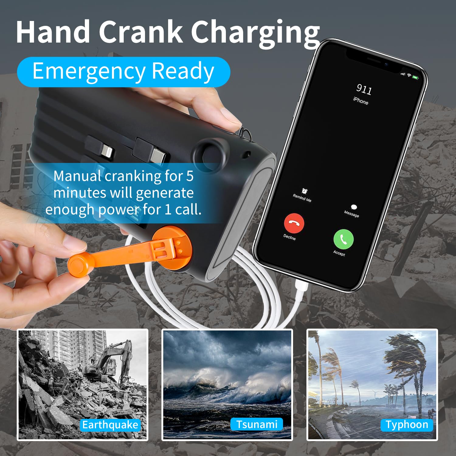 ReeZar 61200mAh Solar Power Bank with Hand Crank - Portable Charger with 4 Built-in Cables, 7 Outputs & 15W Fast Charging for iPhone, Android, Tablets - Emergency SOS Flashlight for Camping, Hiking, Travel