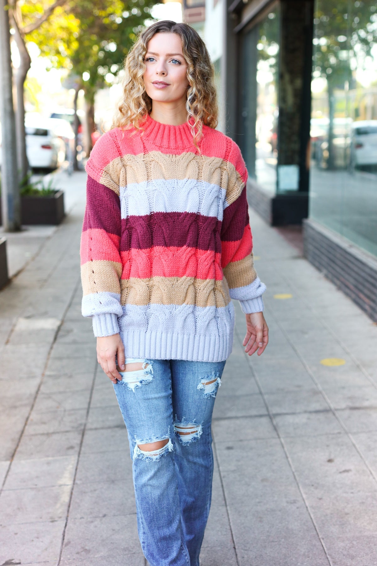 Rust & Multicolor Striped Cable Knit Mock Neck Sweater for Women | Cozy Fall & Winter Pullover | Perfect for Casual Outfits, Office Wear & Holiday Gatherings
