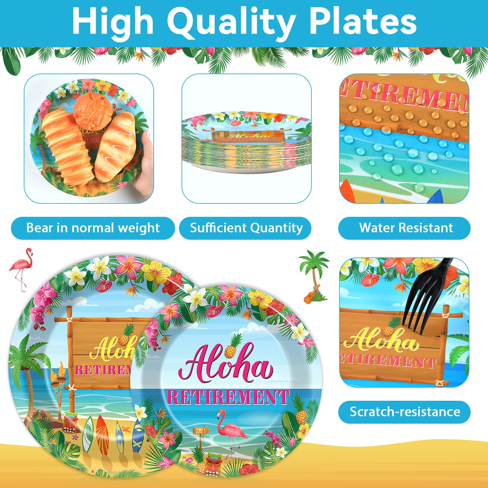 Tropical Hawaiian Luau Retirement Party Supplies - 24-Pack Disposable Paper Plates & Napkins for Beach Theme, Summer Aloha & Happy Retirement Celebrations | Perfect for Luau Parties, Beach Gatherings & Retirement Sendoffs