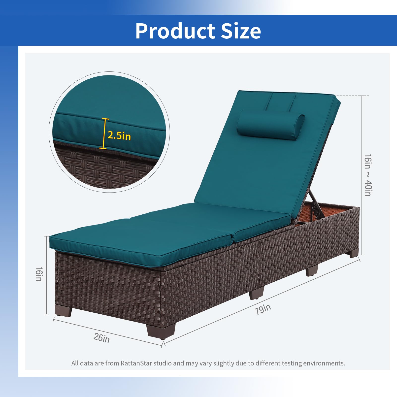 2-Piece Brown Wicker Outdoor Chaise Lounge Set - Adjustable Backrest with Peacock Blue Cushions & Headrest - Perfect for Poolside, Patio, Garden Relaxation and Sunbathing