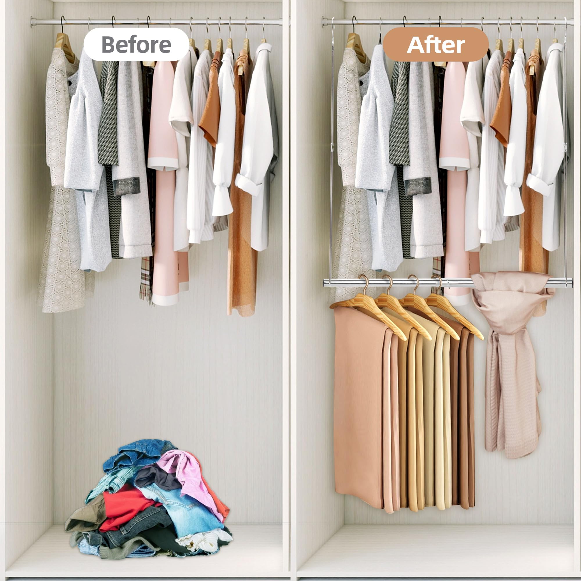 STORAGE MANIAC Adjustable Hanging Closet Organizer - Space Saving Double Rod Extender for Clothes (2 Pack, Chrome) - Perfect for Small Closets, Dorm Rooms & Apartment Storage Solutions