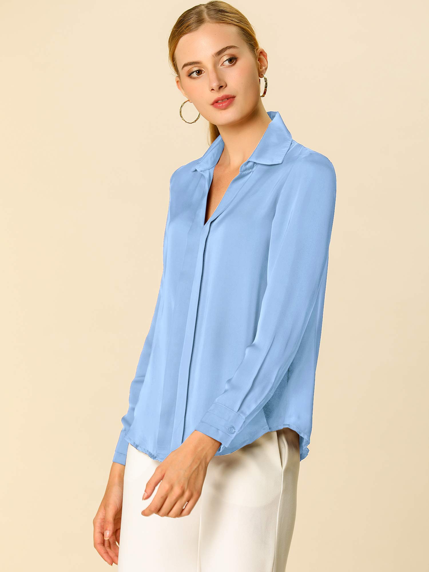 Allegra K Women's Satin Blouse - Elegant V Neck Long Sleeve Silky Shirt for Office Work & Formal Wear | Professional Business Attire & Evening Occasions