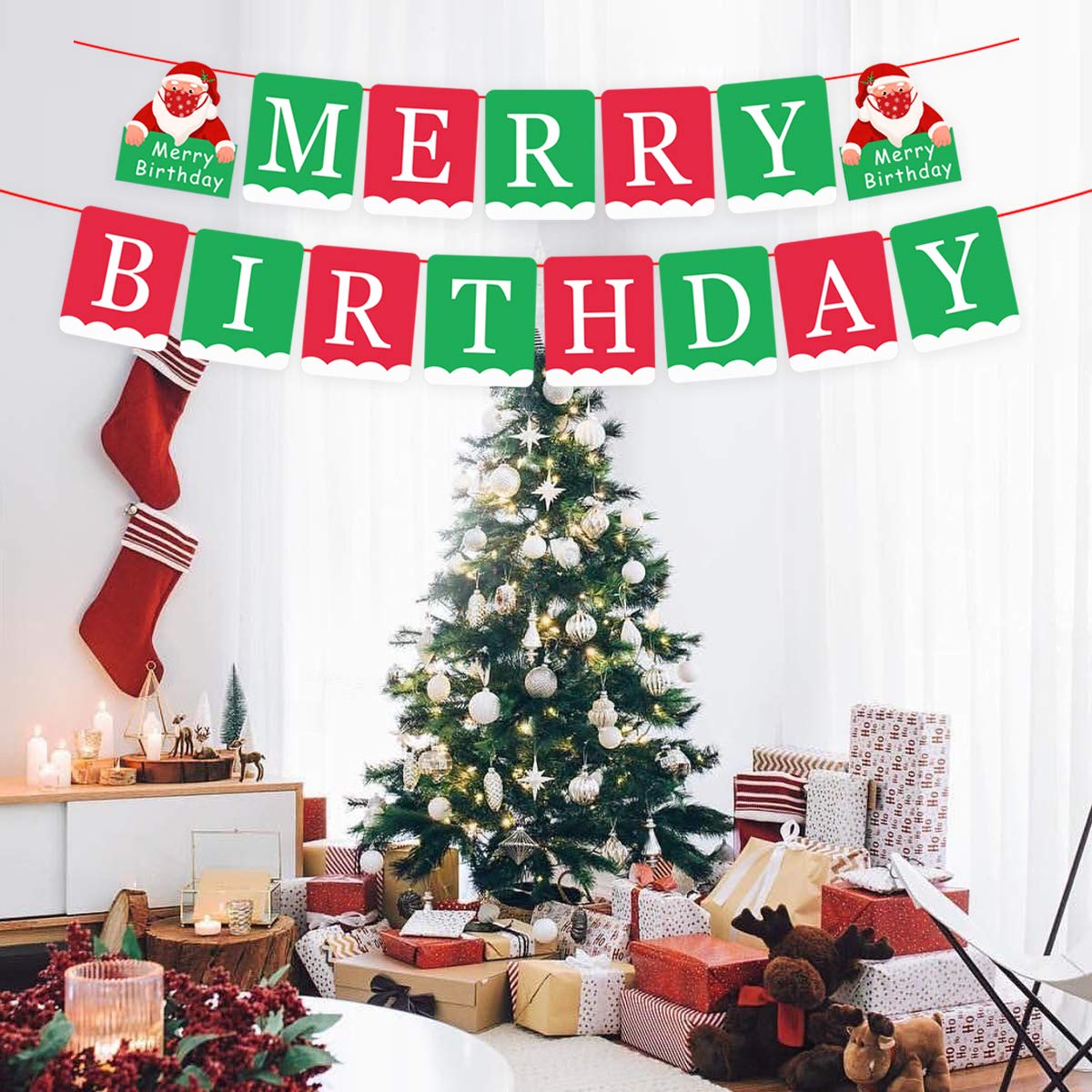 Merry Christmas & Happy Birthday Banner - 2022 Holiday Party Decorations for Fireplace Mantle, Indoor Xmas Birthday Party Supplies | Perfect for Christmas Birthday Celebrations, Home Decor & Festive Gatherings