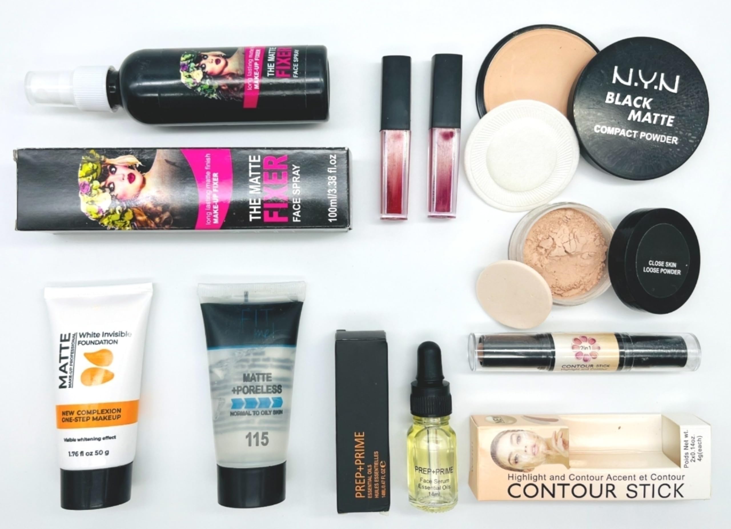 N.Y.N Professional Makeup Kit - 9 Piece Set with Essential Oil, Face Primer, Loose Powder, Makeup Fixer, 2-in-1 Compact Powder, Liquid Lipstick & Dual-Ended Contour Stick | Perfect for Daily Makeup, Bridal Looks & Professional Beauty Routines