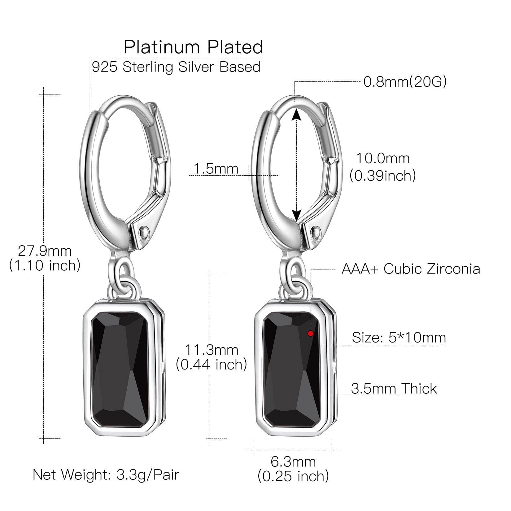 Suplight 925 Sterling Silver Emerald Cut Birthstone Hoop Dangle Earrings for Women - Cubic Zirconia Crystal Drop Earrings with Gift Box - Perfect for Birthdays, Anniversaries & Special Occasions