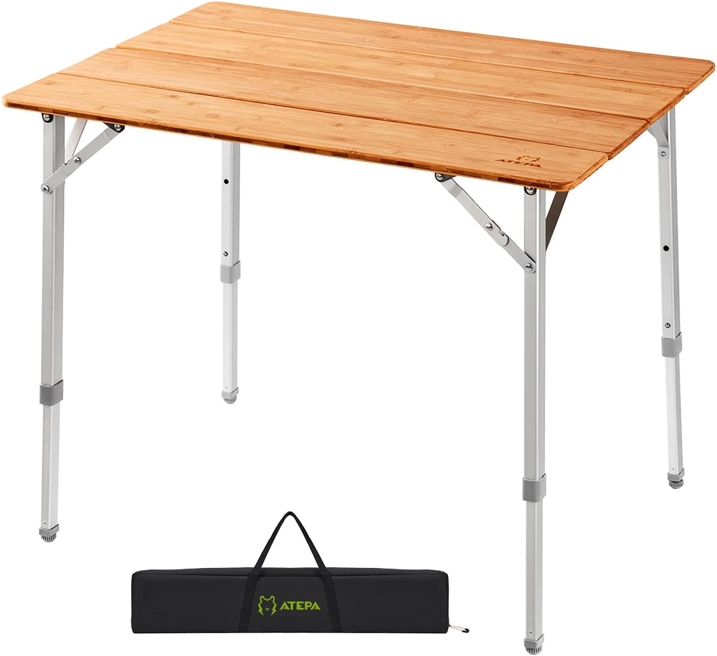 ATEPA Adjustable Height Bamboo Folding Camping Table with Aluminum Legs - Portable Outdoor Coffee Table for Patio, Travel, Picnic, Indoor & Outdoor Use - Perfect for Backyard BBQs, Beach Trips and RV Camping