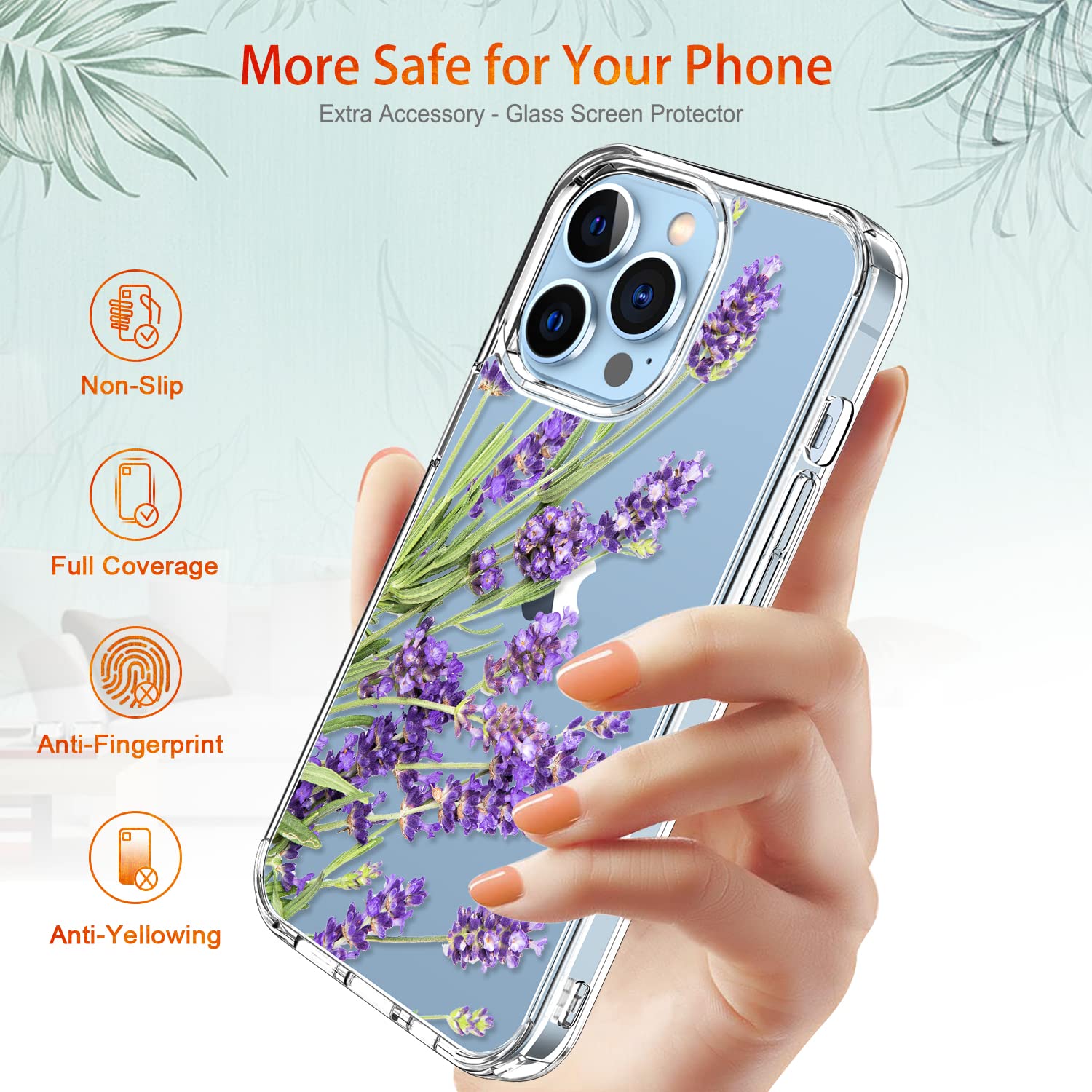 GiiKa iPhone 13 Pro Max Case with Screen Protector - 6.7 Inch Clear Shockproof Protective Floral Design Hard Case with TPU Bumper Cover for Women & Girls - Purple Flowers | Perfect for Everyday Use, Work & Travel Protection