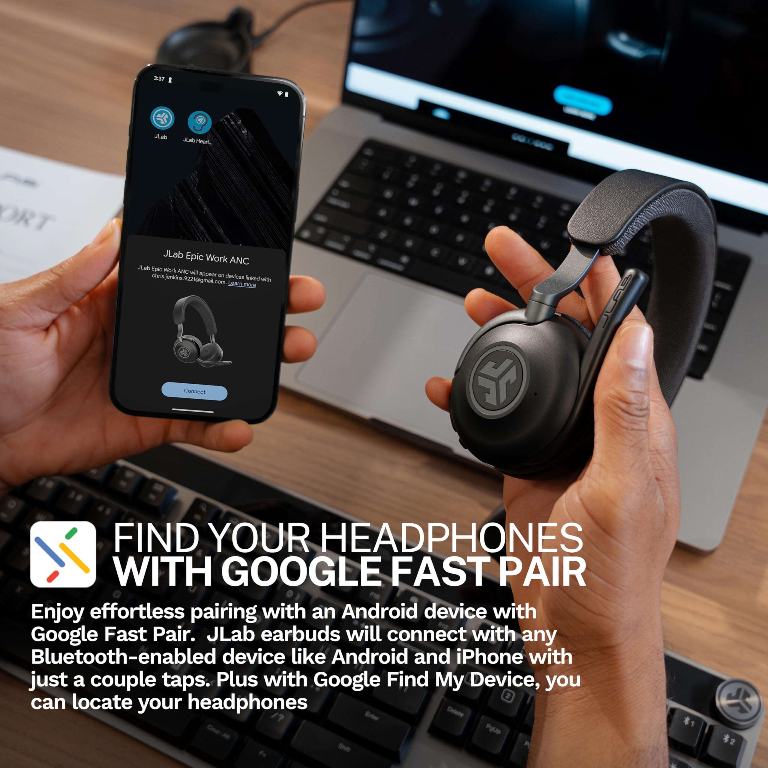 JLab Epic Work Wireless Bluetooth Headphones with Microphone - Active Noise Cancelling Headset, 90+ Hours Playtime, Charging Hub, Multipoint Connectivity for PC/Laptop/Mobile - Perfect for Office, Commuting & Remote Work (1 Pack)