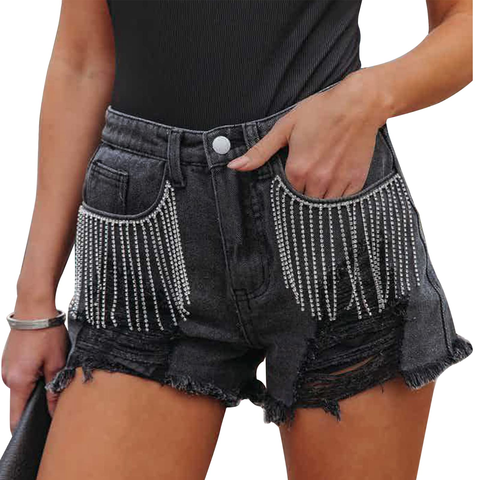 Women's Rhinestone Denim Shorts - Mid Rise Ripped Hem Distressed Fringe Jeans Shorts for Casual Wear | Perfect for Summer Outfits, Beach Vacations & Music Festivals