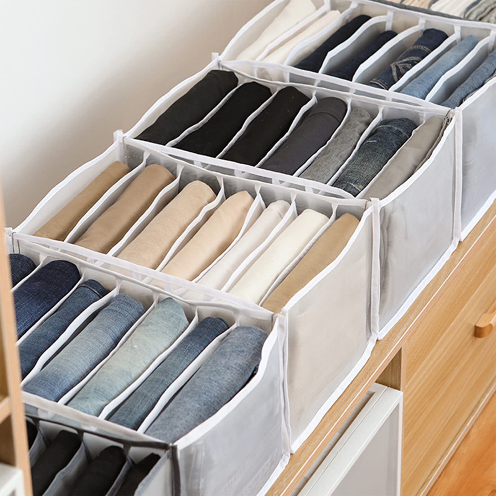 Kaker 7 Grids Washable Mesh Wardrobe Organizer for Closet - Portable Clothes Storage Drawer & Room Organization Box (White, 3-Piece Pants Grid Set) | Perfect for Bedroom, Dorm, or Travel Closet Storage