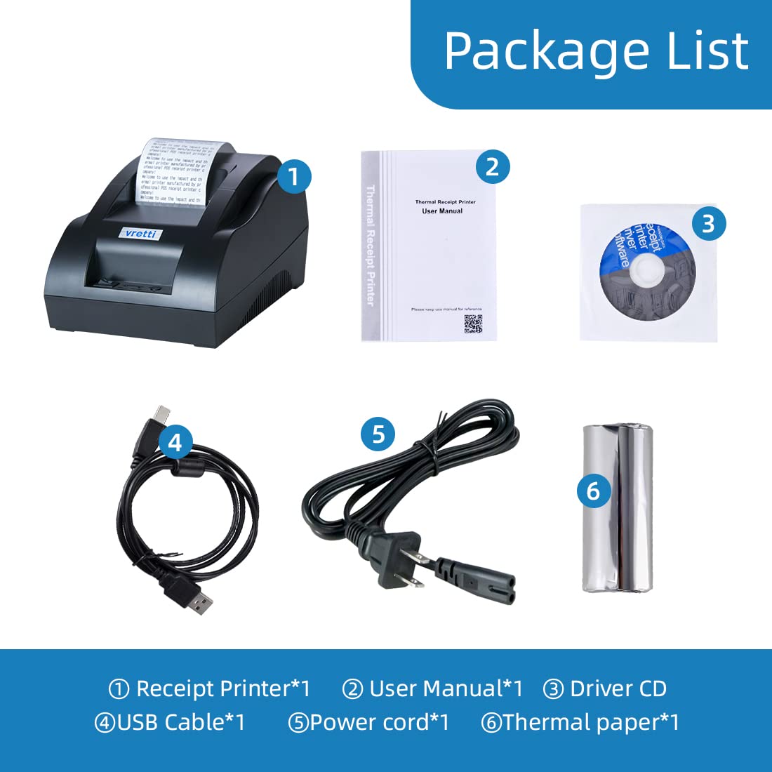 Vretti 58mm USB Thermal Receipt Printer - High-Speed ESC/POS Compatible for Windows & Mac - Compact Restaurant Kitchen POS Printer for Cash Register, Retail Stores & Small Business Use