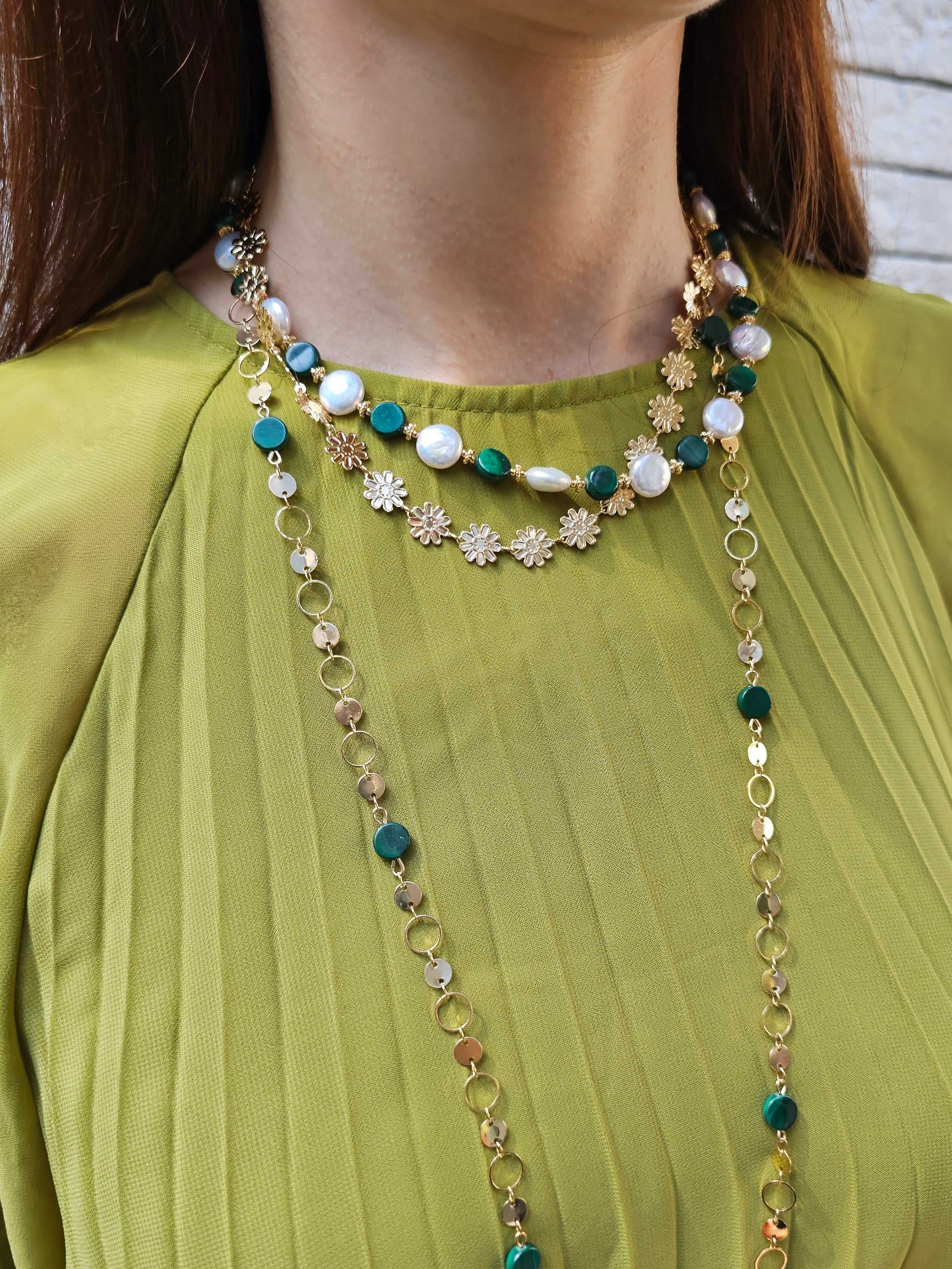Elegant Round Gold Chain with Malachite Gemstone - Long Statement Necklace PN062 for Women | Perfect for Parties, Weddings & Evening Events