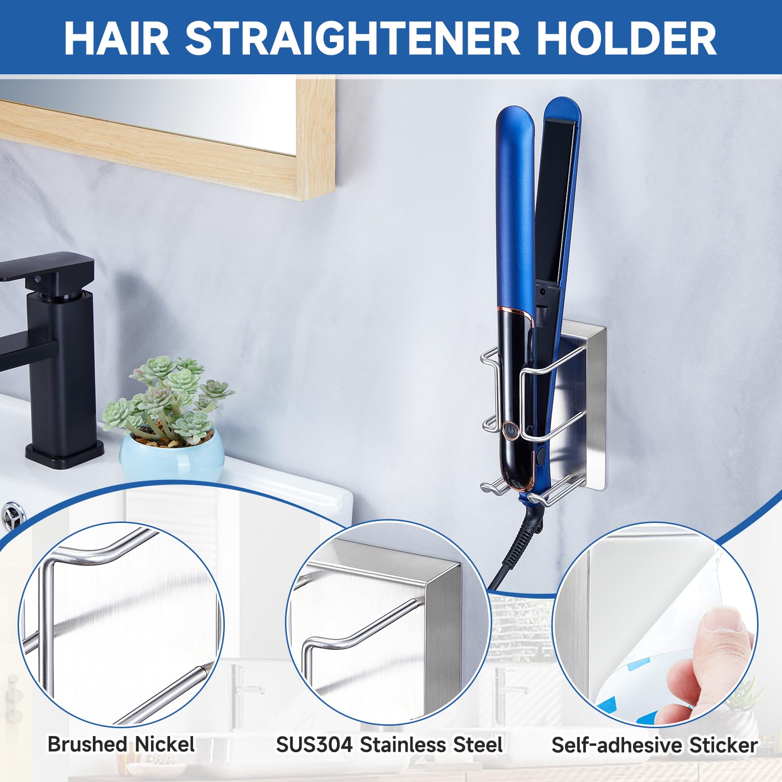 XILIMEN No Drill Wall Mount Hair Dryer Holder & Straightener Organizer - Stainless Steel Bathroom Storage for Blow Dryers, Flat Irons (Silver) | Perfect for Small Spaces, Vanity & Closet Organization