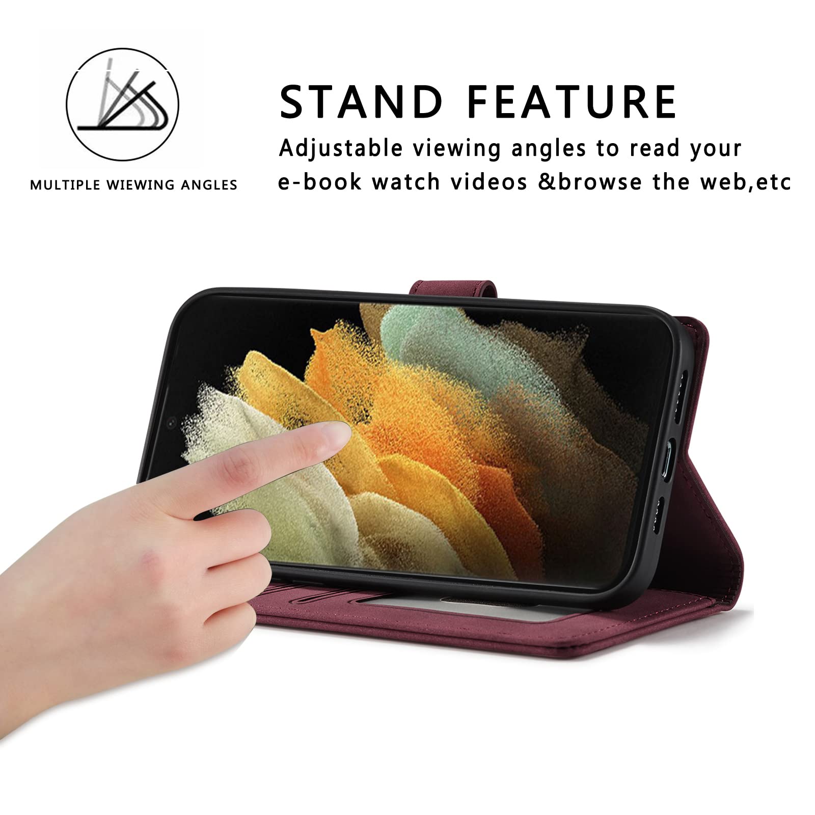 Samsung Galaxy S22 Ultra RFID Blocking Leather Wallet Case with Magnetic Flip Cover & Card Holders - Slim Protective Clear Silicone Cover for Men & Women (Red) | Perfect for Business Travel, Daily Commute & Contactless Payments