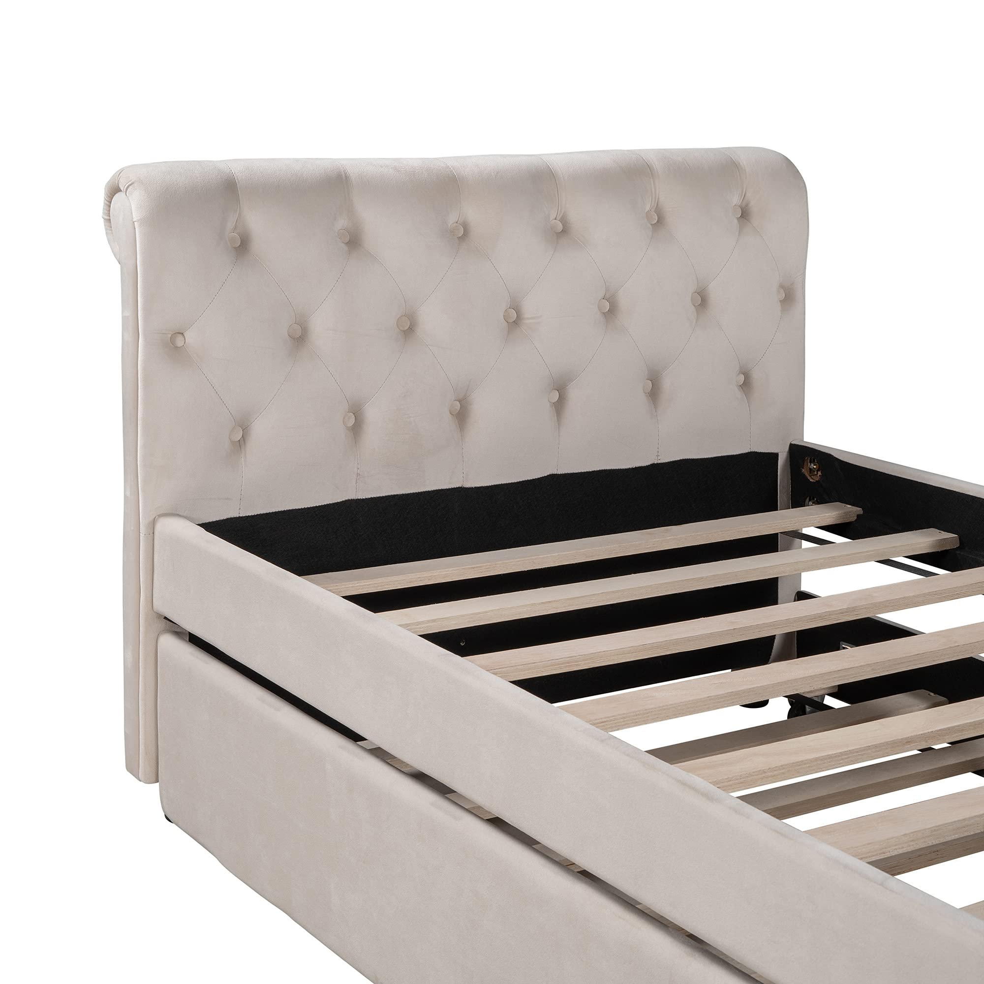 Double Upholstered Day Bed with Trundle - Tufted Curved Arm Sofa Bed with Wood Slat Support - Convertible Guest Bed for Living Room, Bedroom & Small Spaces (Beige) - Perfect for Overnight Guests, Reading Nook & Space-Saving Solutions
