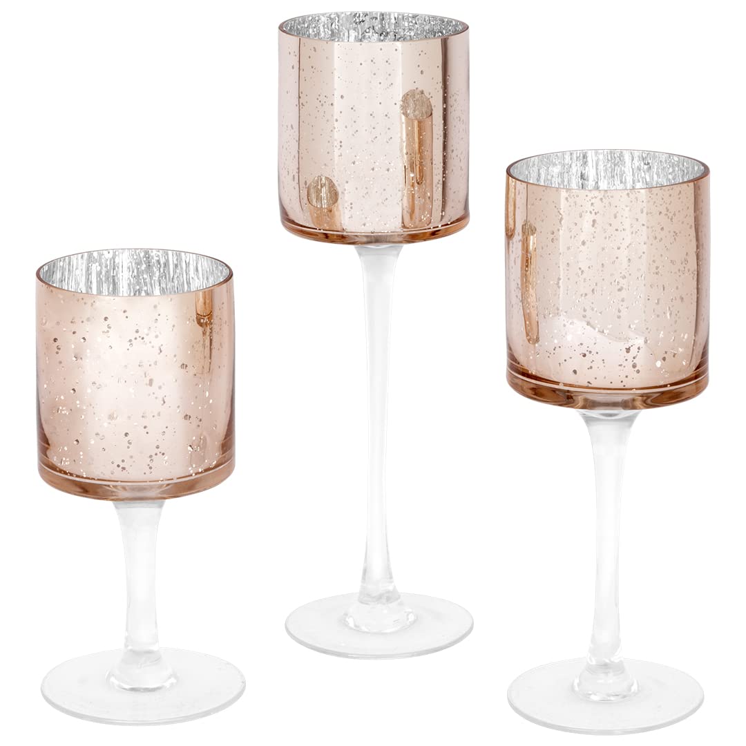 Rose Gold Candle Holder Set of 3 - Long Stem Glass Floating Candle Holders for Table Centerpiece, Wedding, Home Decor & Romantic Ambiance | Tall Tealight Candle Holders in Elegant Rose Gold Finish