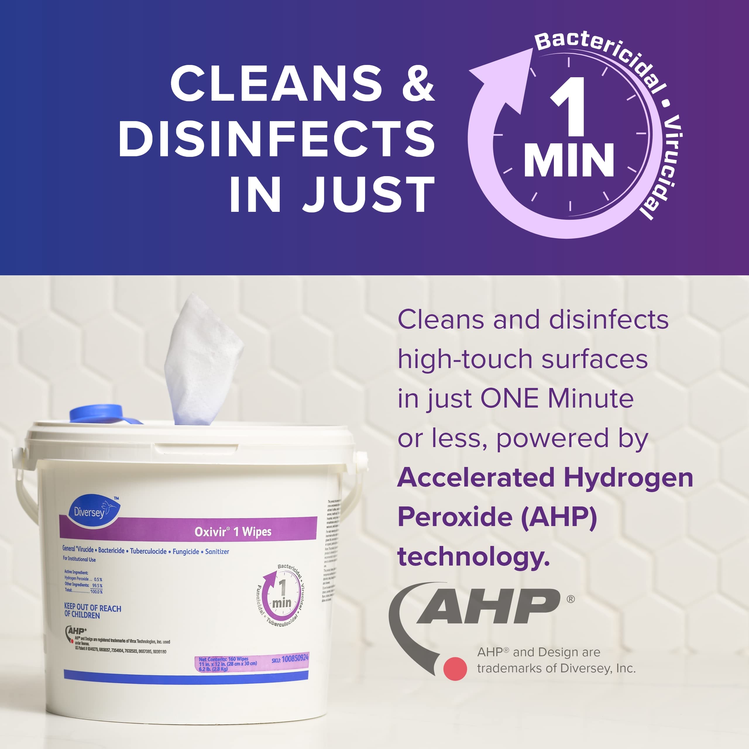 Diversey Oxivir 1 100850924 Disinfectant Wipes - Virucidal, Bactericidal, Tuberculocidal, Fungicidal with Accelerated Hydrogen Peroxide - Unscented 160 Extra Large 11
