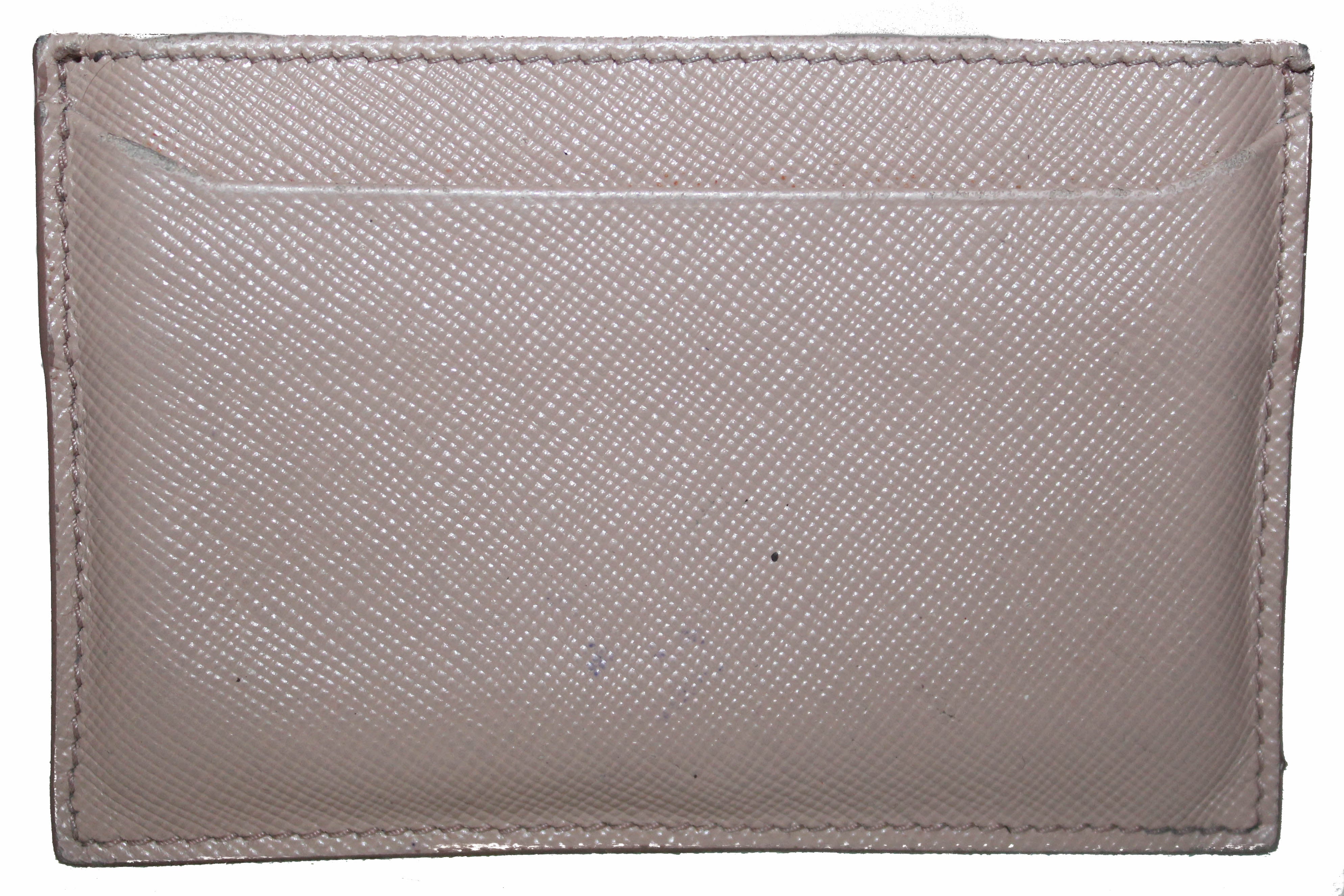 Authentic Prada Saffiano Leather Card Holder - Beige Triangle Logo Design | Luxury Slim Wallet for Women & Men | Perfect for Everyday Use, Travel & Business