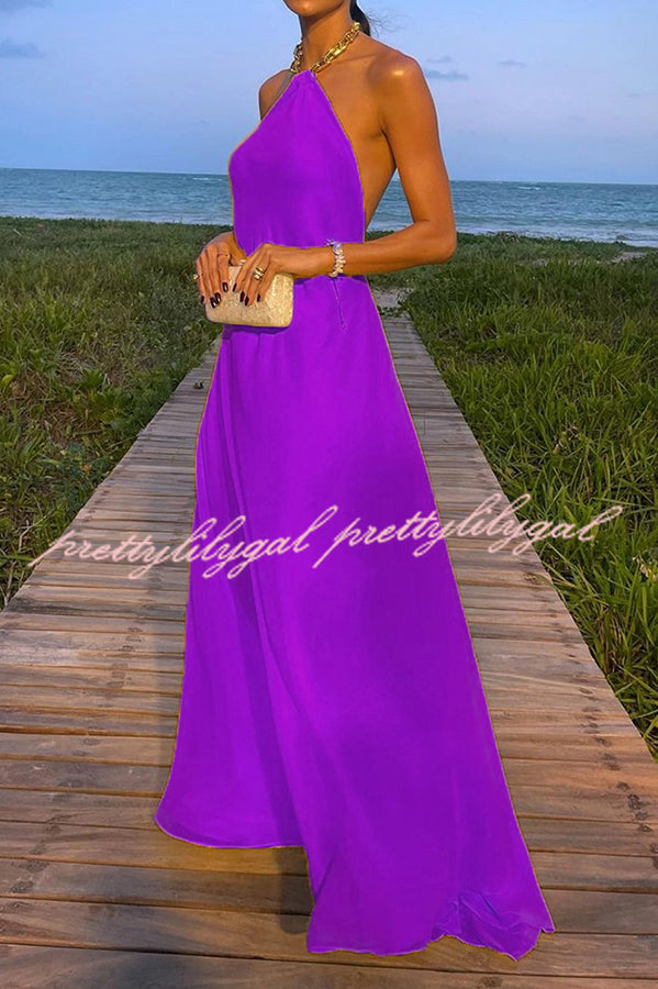 Santorini Vacation Maxi Dress - Backless A-Line Halter Dress with Metal Chain Detail | Perfect for Beach Weddings, Summer Getaways & Boho Fashion
