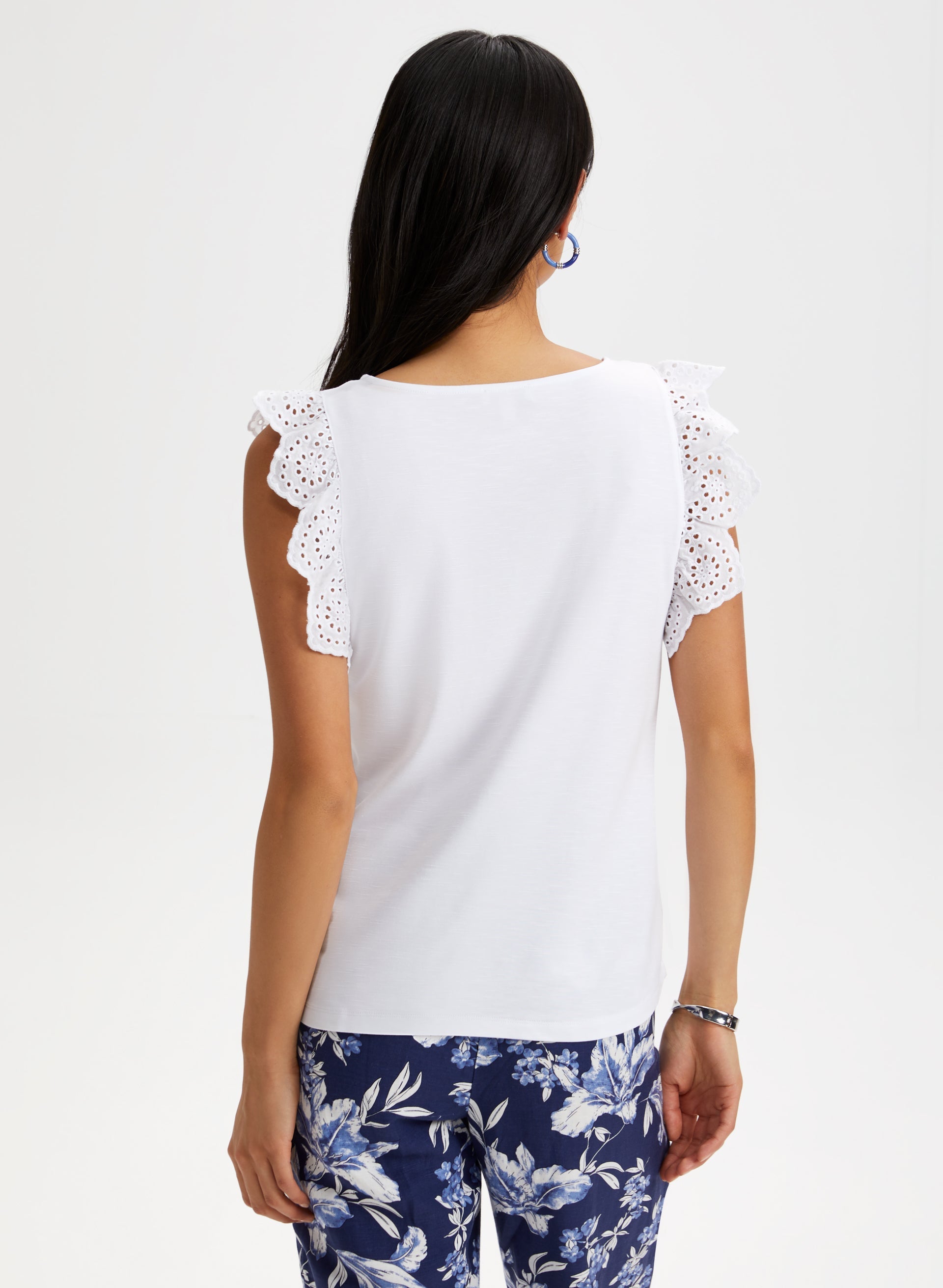 Eyelet Cap Sleeve Tee for Women - Breathable Summer Tops with Lace Detailing - Casual & Chic Shirt for Outings, Dates, and Beach Wear