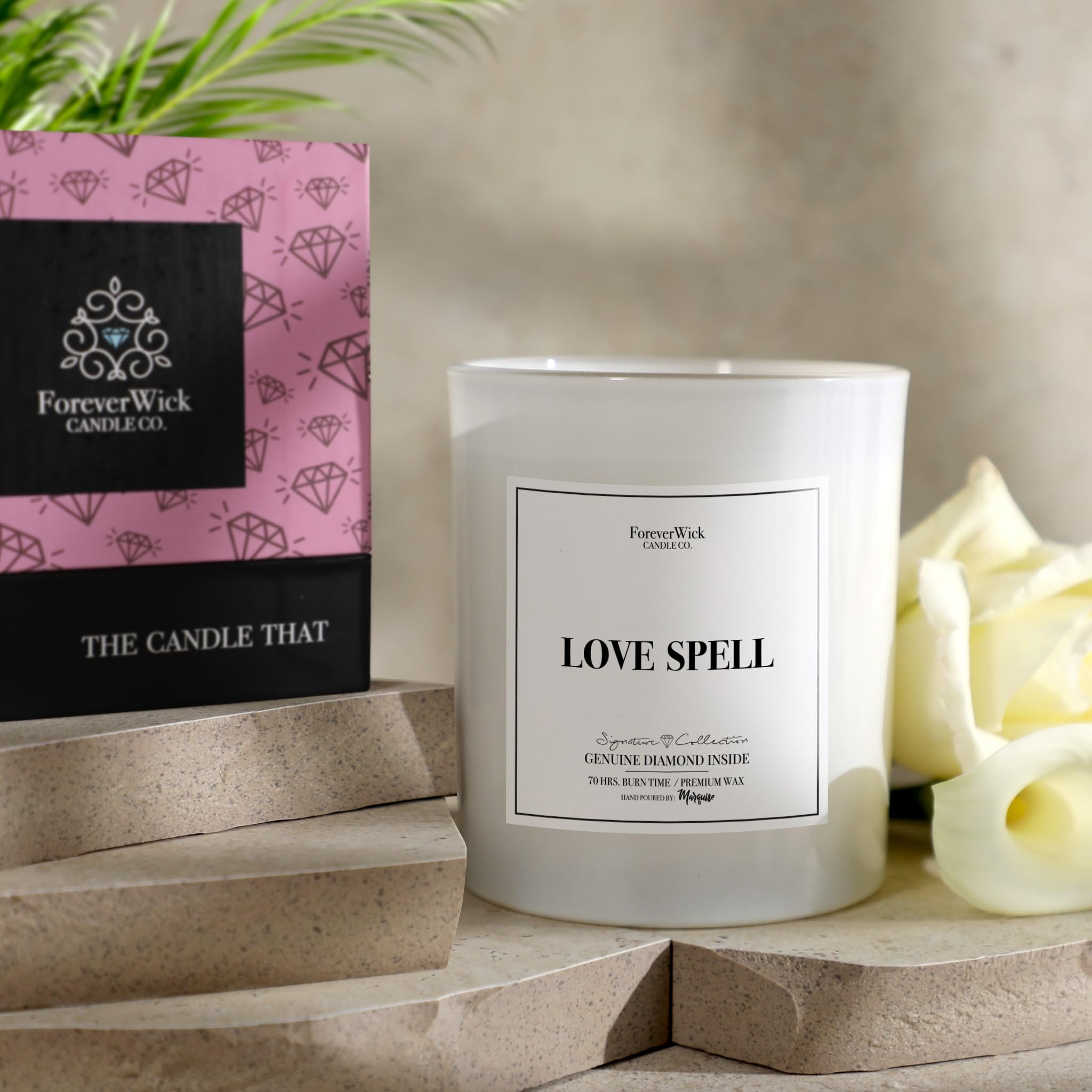 Love Spell Surprise Candle with Real Diamond Inside - Foreverwick Scented Soy Candle Gift for Women - 14oz All-Natural Organic Romantic Candle (70h Burn Time) - Perfect for Anniversaries, Valentine's Day & Romantic Surprises