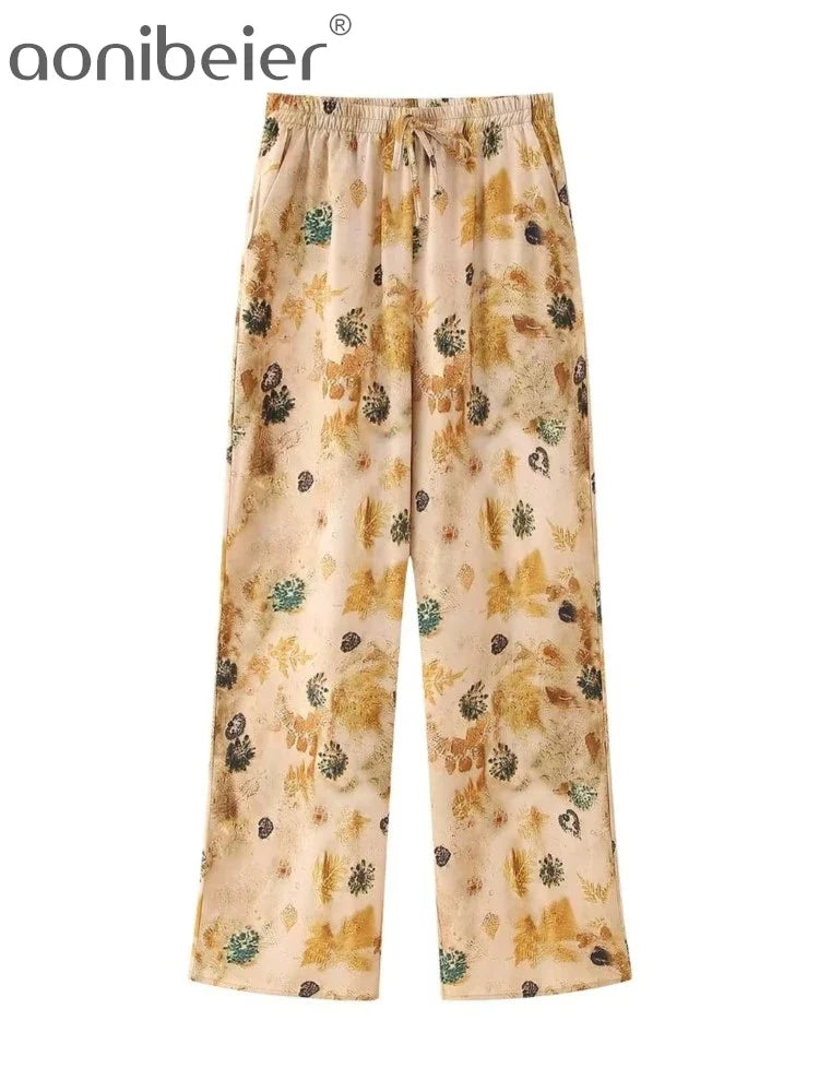 Aonibeier Women's Satin Printed Loose Shirt & Wide Pants Set - Y2K Summer Long Sleeve Casual Blouse Outfit for Women | Perfect for Office Wear, Date Night & Vacation Outfits