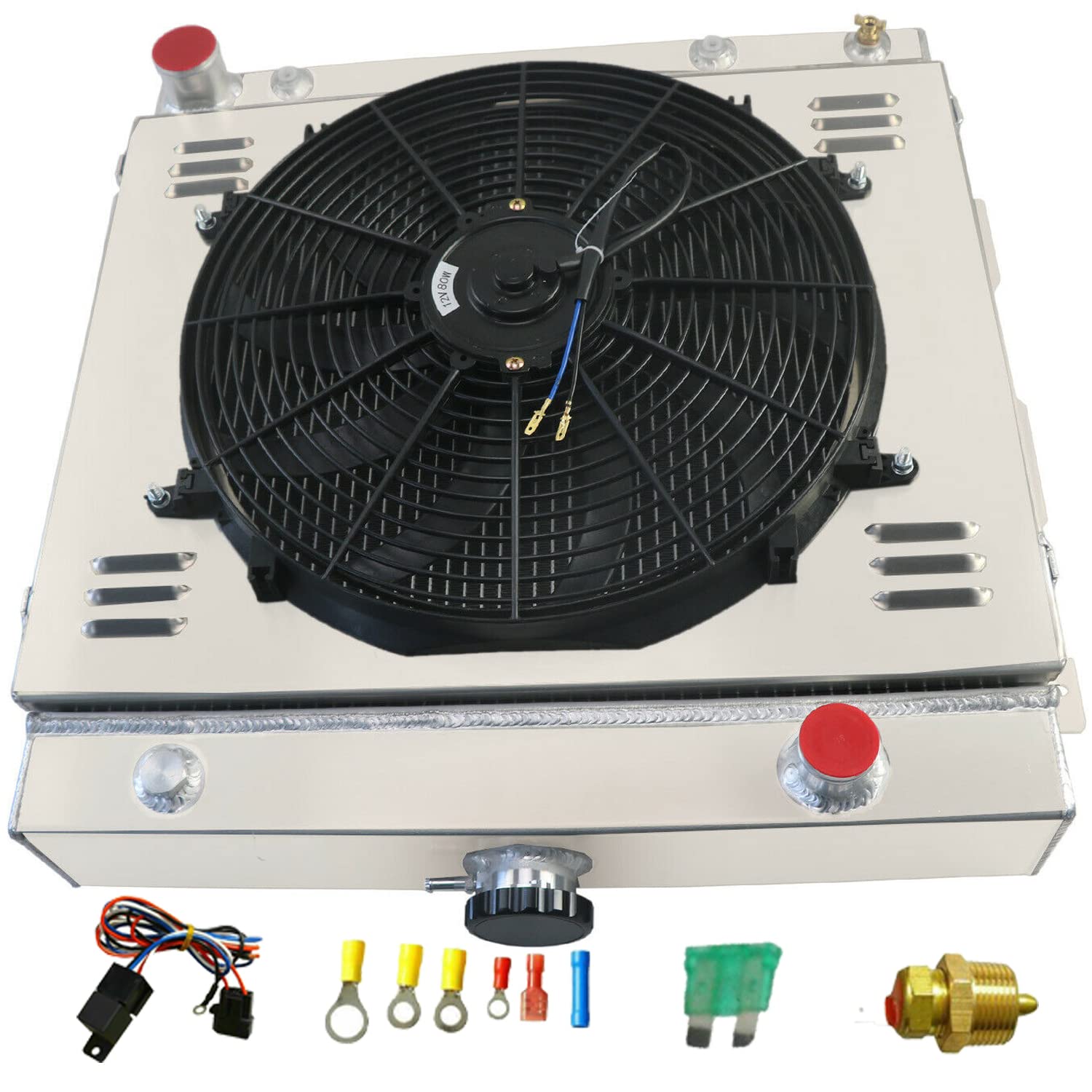 1970-1979 Dodge D100 D200 Ramcharger W200 W300 B200 B300 B100 Van Aluminum Radiator with Fan Shroud & Relay Kit - Heavy Duty Cooling Upgrade for Classic Trucks & Vans - Perfect for Restoration Projects, Off-Roading, and Hot Weather Driving
