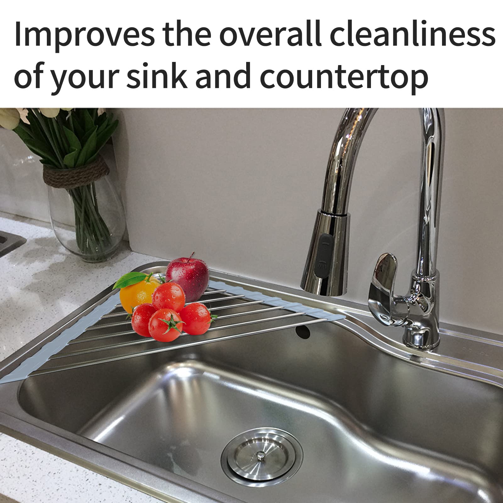 2 Pack Stainless Steel Sink Rack - Multi-Function Roll Up Drying Rack for Kitchen Sink Corner, Space Saving Dish Drainer (Gray) | Perfect for Small Kitchens, RV, Apartment & Countertop Organization