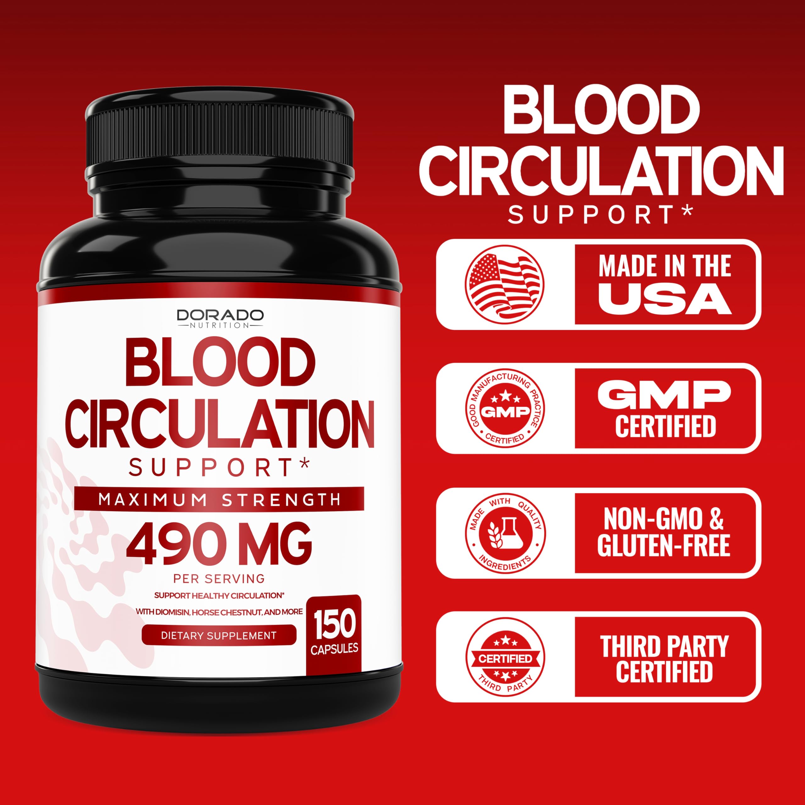 Premium Diosmin Blood Circulation Supplements (150 Count) - Leg Vein Support for Spider & Varicose Veins - Non-GMO Vegan Blood Flow Pills for Men & Women - Clinically Tested - Ideal for Travelers, Office Workers & Active Lifestyles