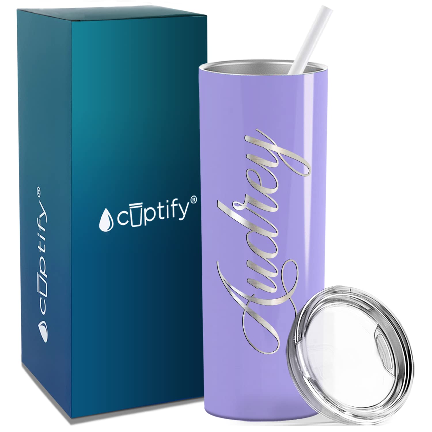 Personalized Skinny 20oz Stainless Steel Vacuum Insulated Tumbler with Lid - Custom Laser Engraved Lavender Gloss Cup - Perfect Gift for Office, Gym & Outdoor Activities