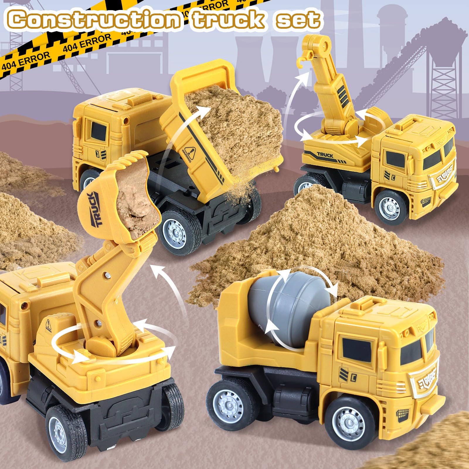 CORPER TOYS 4-Pack Construction Truck Toys Set with Dump Truck, Digger, Excavator & Cement Mixer - Friction Powered Transformable Vehicles for Kids - Perfect for Birthday Gifts, Pretend Play & STEM Learning