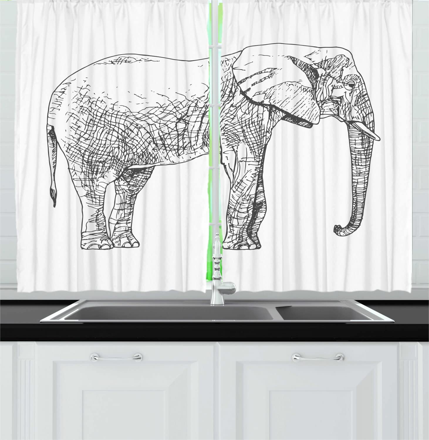 Ambesonne Elephant Sketch Art Kitchen Curtains - Monochrome Mammal Animal Drawing, 2 Panel Rod Pocket Drapes for Living Room & Bedroom Decor, 55 x 45 Inches, Dark Blue Grey White - Perfect for Farmhouse, Bohemian & Modern Home Style