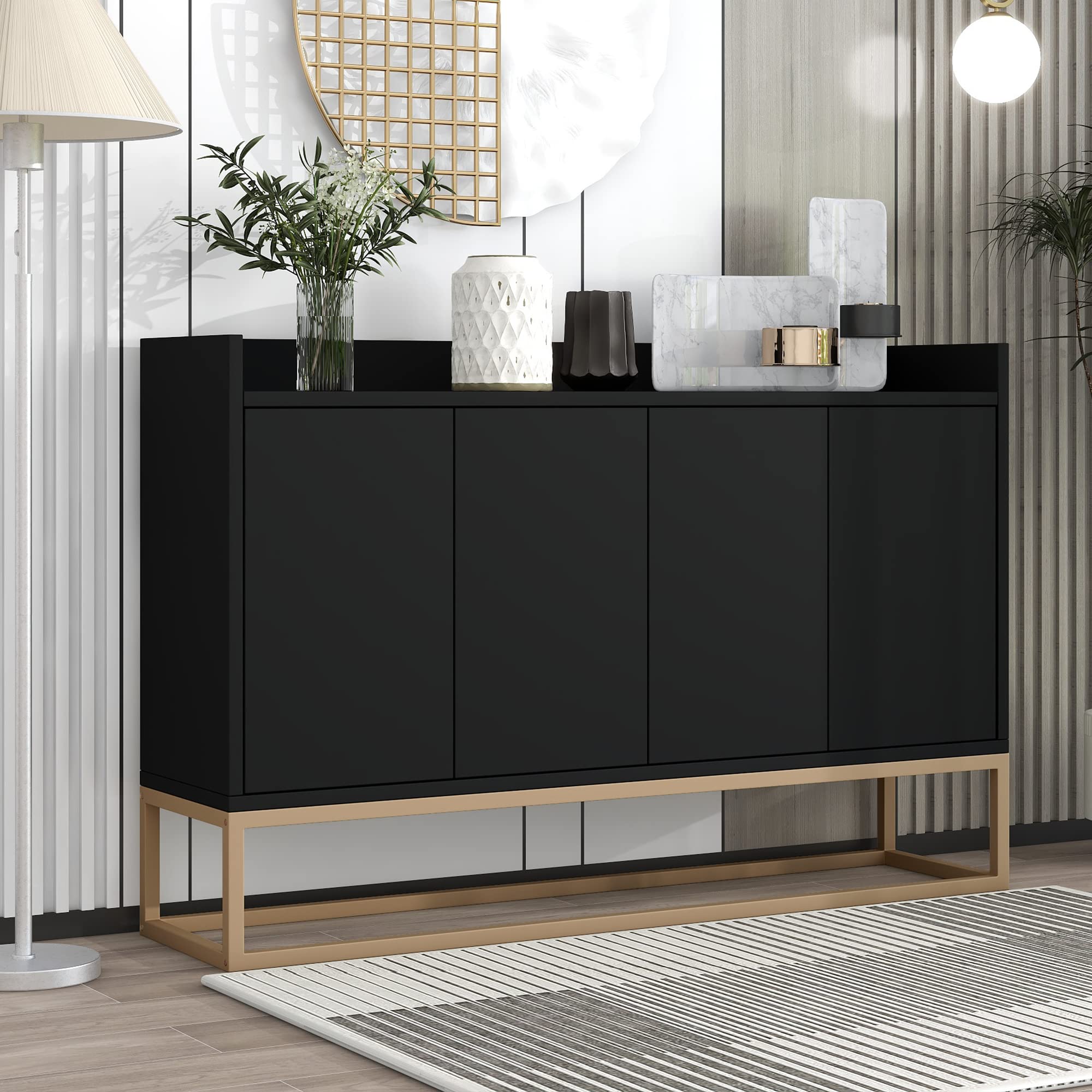 Modern Sideboard Buffet Cabinet with Storage Doors - Wooden Storage Cabinet with Adjustable Shelves & Sturdy Metal Base, Black - Perfect for Dining Room, Living Room, or Entryway Organization