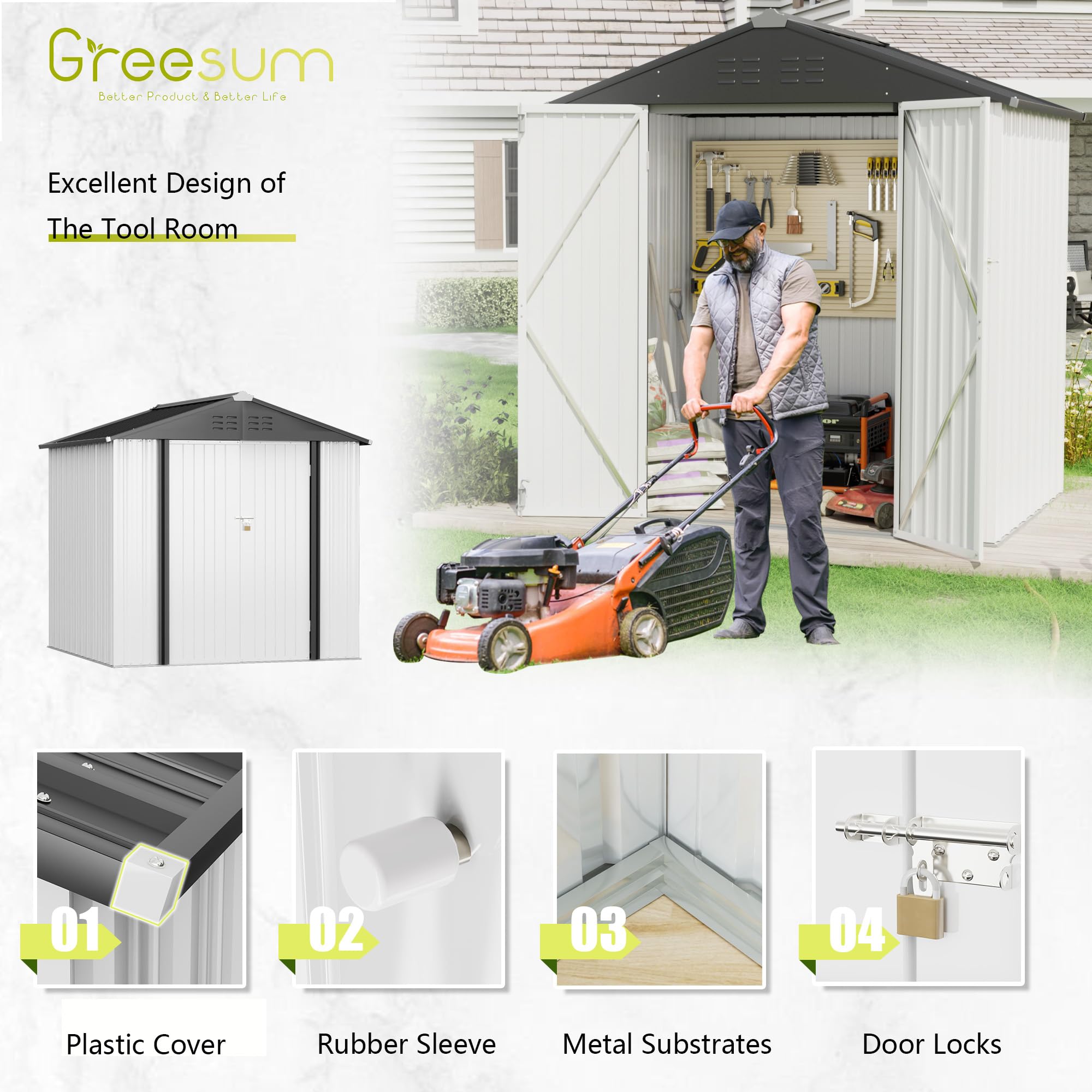 Greesum 6x4 ft Outdoor Storage Shed - Metal Utility Tool & Garden Shed with Secure Door Lock - Weatherproof Patio Storage Solution for Backyard, Lawn Equipment & Gardening Tools (White)