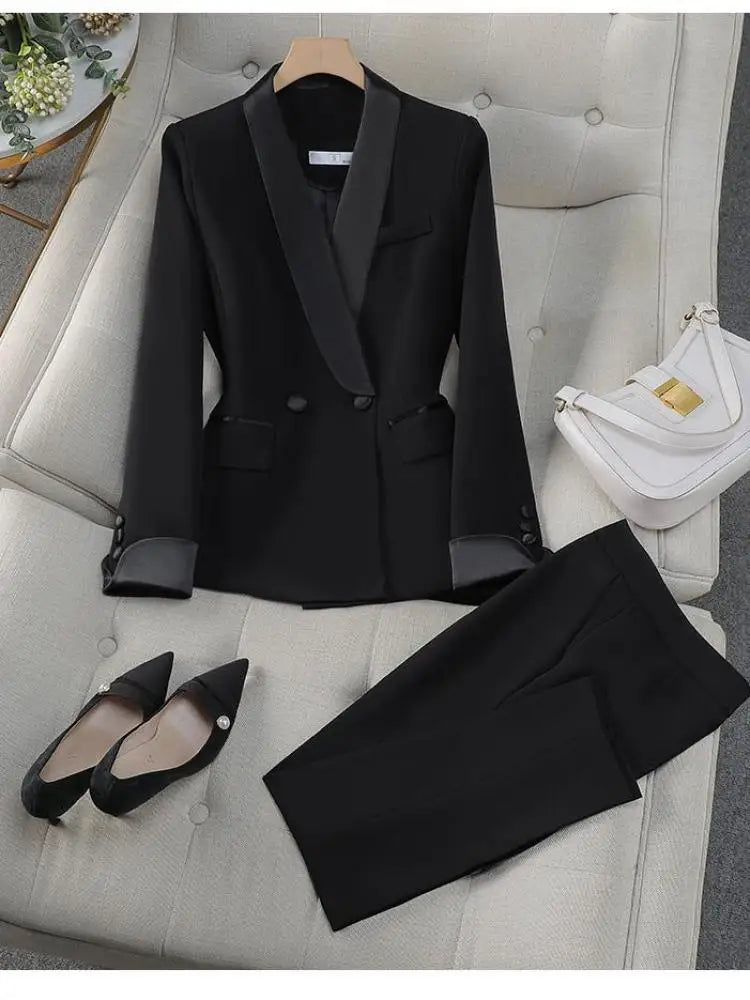 Elegant Women's Autumn Work Blazer Suit Set - Black & Red Patchwork Double Breasted Coat with High Waist Pants for Office Ladies | Professional Outfit for Business Meetings & Formal Occasions