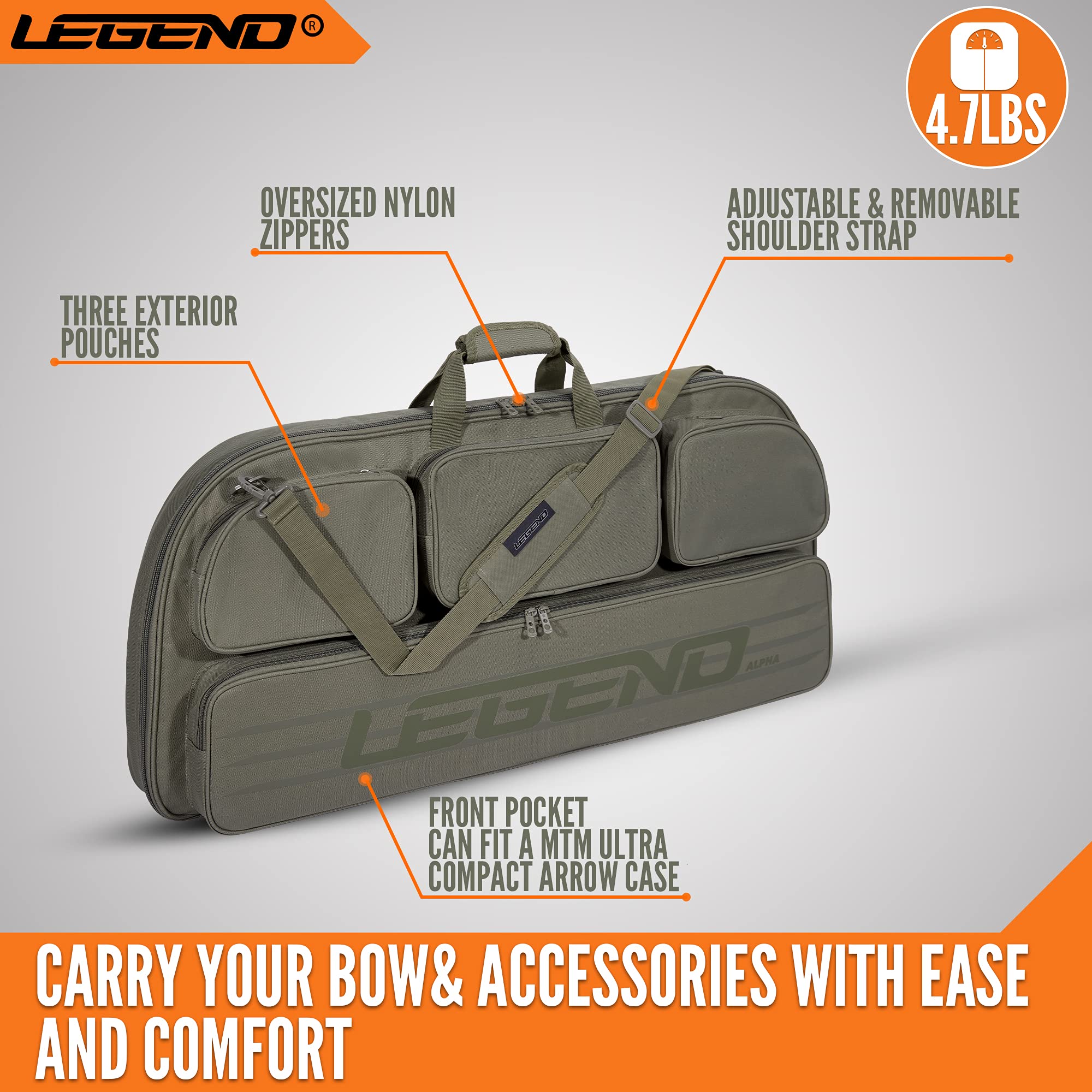 LEGEND Alpha Compound Bow Case - Durable Archery Bow Bag with Backpack & Shoulder Straps - Fits MTM Ultra Compact Arrow Cases - Includes Cam Protectors, Soft Padding & Extra Pockets (37