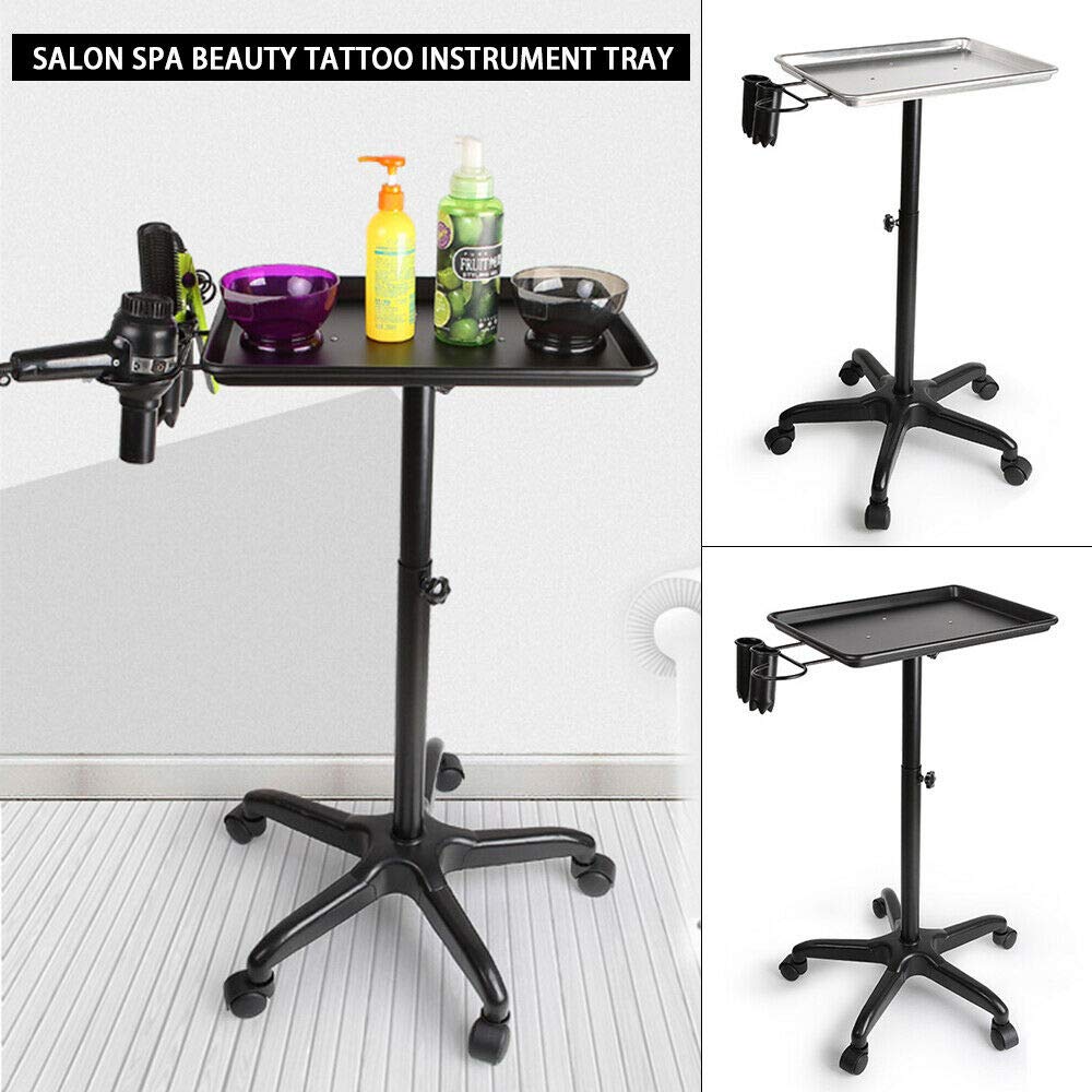 Black & Silver Aluminum Rolling Salon Tray with Wheels - Professional Beauty Spa Instrument Trolley for Tattoo, Nail & Hair Styling Stations - Perfect for Salon Organization & Mobile Service Carts