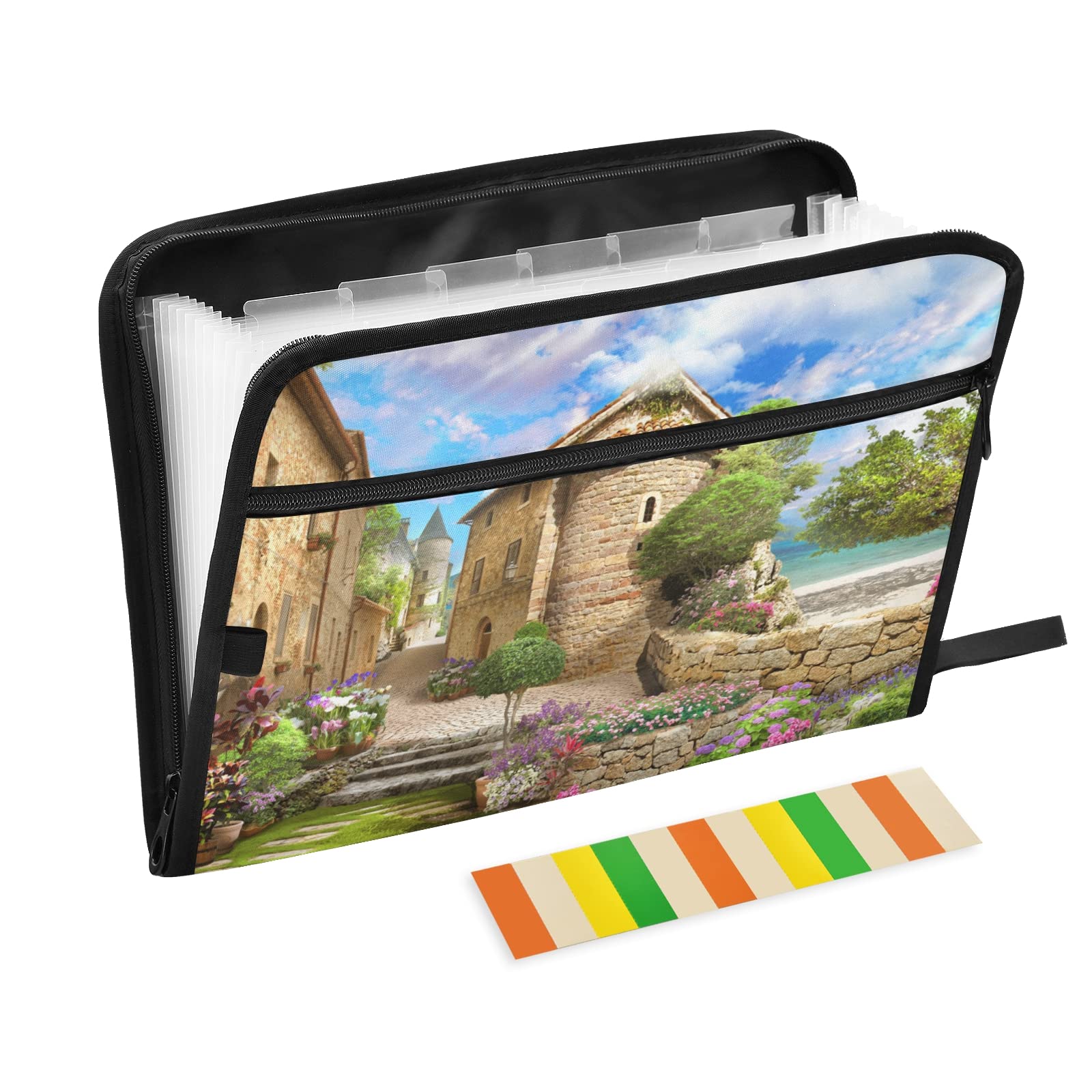 KFBE Seaside Village Expanding File Folder with Sticky Labels - 13 Pocket Accordion Organizer for Letter & A4 Paper - Zippered Document Storage - Perfect for Office, School, and Home Organization (20812315)