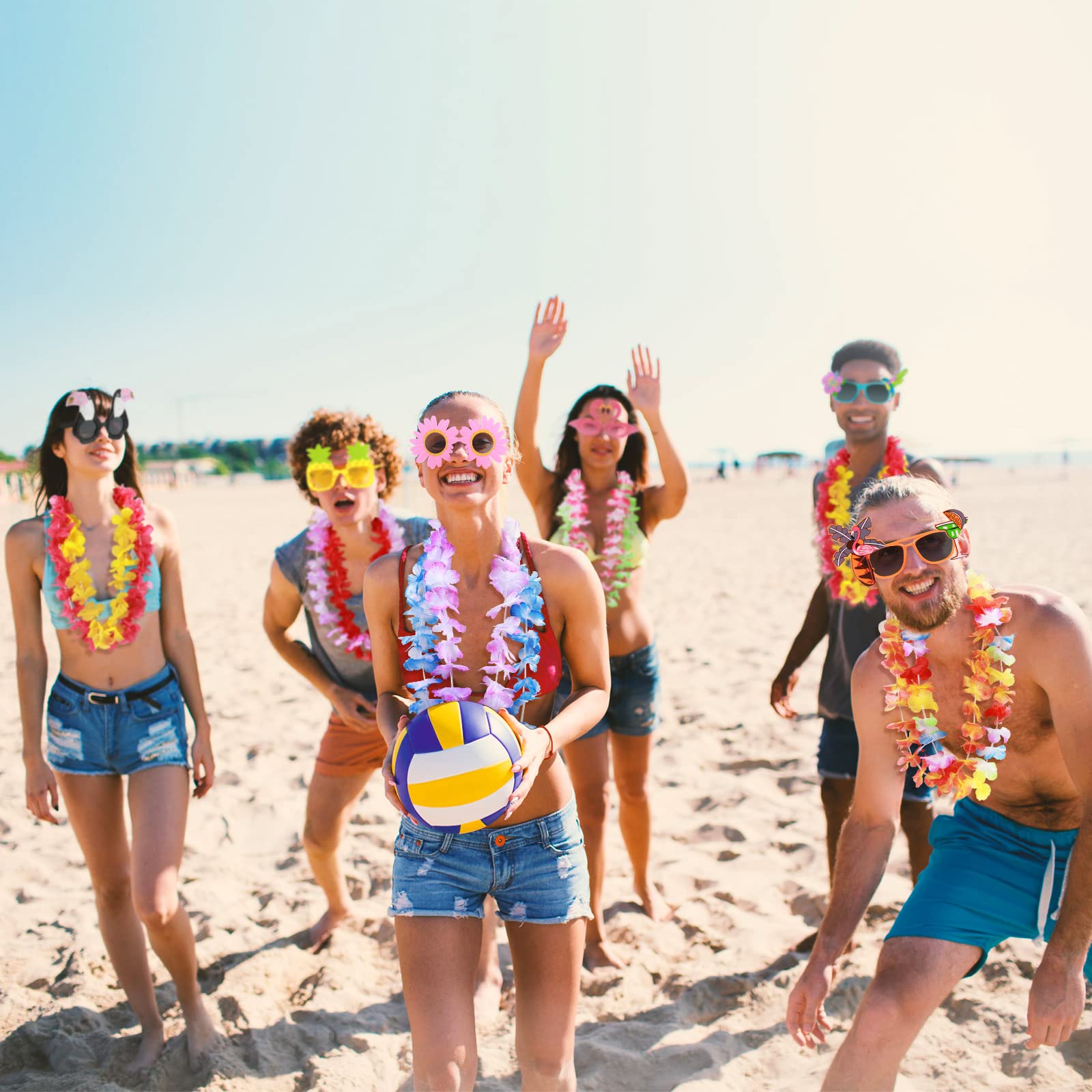 16 Pcs Hawaiian Party Decorations - Tropical Luau Sunglasses & Leis Set for Beach Themed Birthday, Summer Pool Party, and Hawaiian Luau Decorations