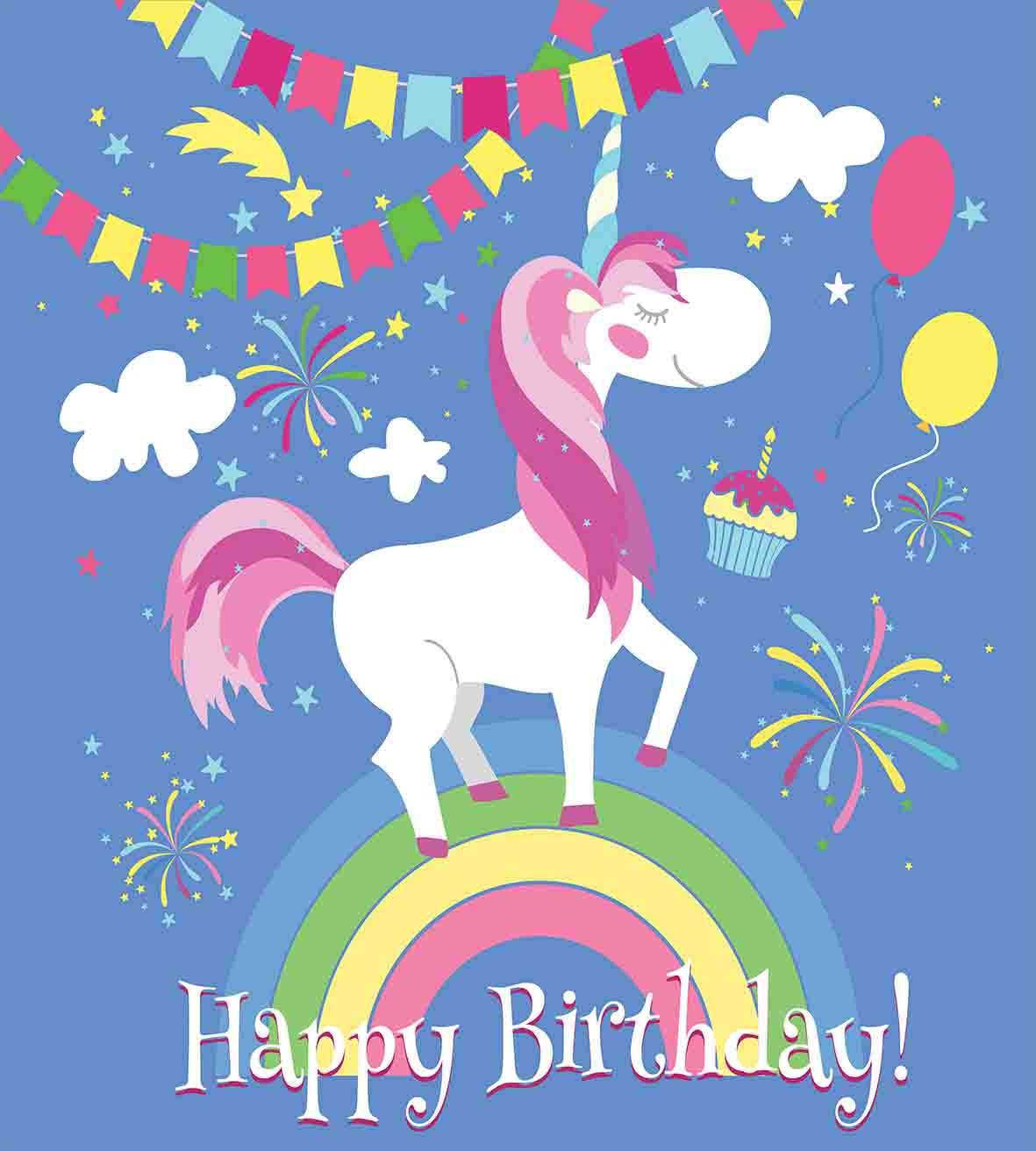 Ambesonne Unicorn Birthday Duvet Cover Set - 3 Piece Queen Size Bedding with Rainbow, Balloons & Marching Animals, Includes 2 Pillow Shams | Perfect for Kids' Room Decor, Birthday Party Theme & Fantasy Bedroom Design