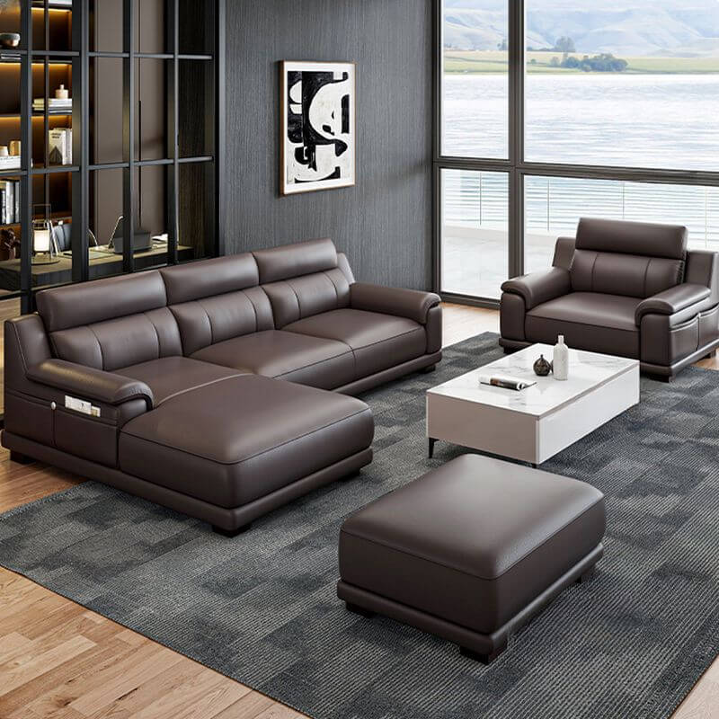 L-Shaped & Straight Left-Facing Sofa Chaise with Concealed Support - Modern Chestnut Brown Living Room Couch for Parlor, Lounge & Home Theater Seating