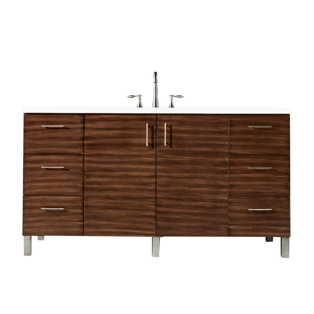 Metropolitan 60 Inch Single Bathroom Vanity with 3CM Classic White Quartz Countertop - American Walnut Finish | Perfect for Modern Master Bathrooms & Guest Powder Rooms