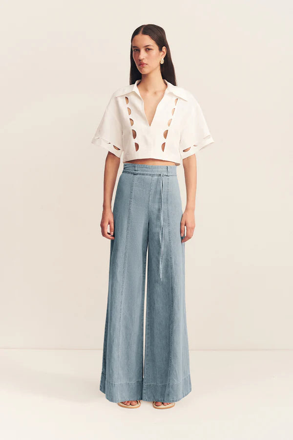 Ellsworth Palazzo Pants for Women - Soft & Flowy Bleached Blue Wide Leg Trousers - Perfect for Casual Wear, Office & Summer Outfits