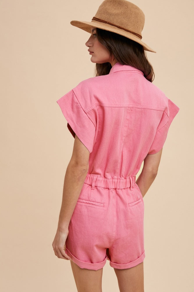 Aurora Pink Mineral Washed Romper with Elastic Waistband & Pockets - Casual Summer Outfit for Women, Beach Cover-Up, Vacation Wear, Lounge & Street Style