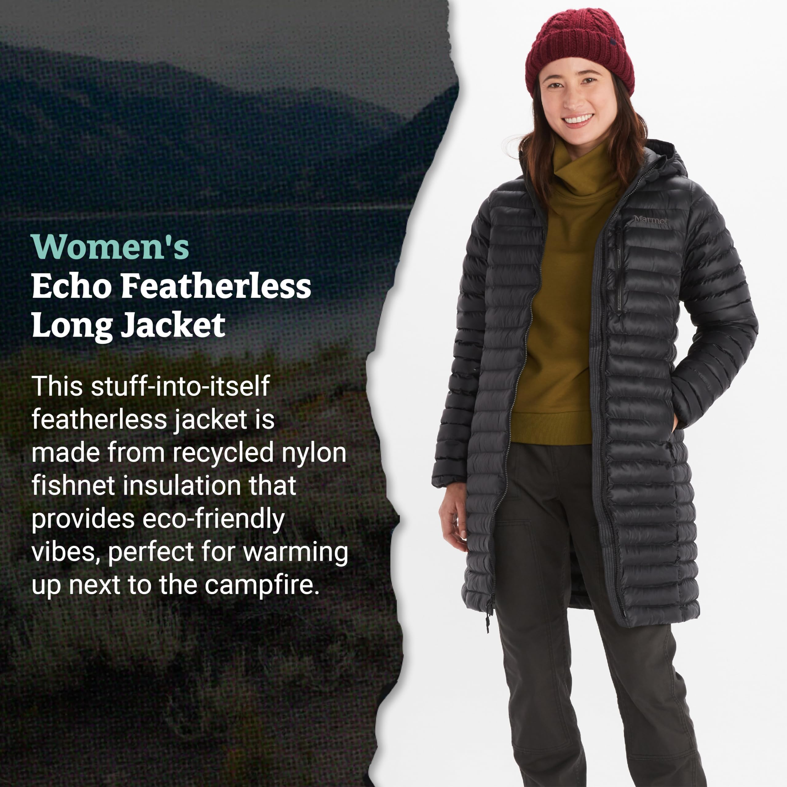 MARMOT Women's Echo Featherless Long Jacket - Lightweight Down-Alternative Puffer Coat with Hood, Mid-Thigh Length for Hiking, Travel & Winter Outdoor Activities