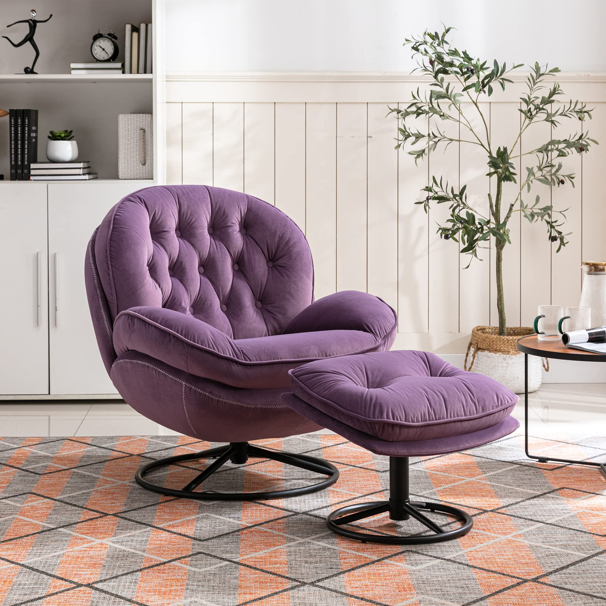 Modern Velvet Accent Chair with Ottoman Set - Swivel Lounge Chair for Living Room, Home Office & Club - Purple Velvet Upholstery with Sturdy Metal Legs - Perfect for Relaxing, Reading & Entertaining Guests