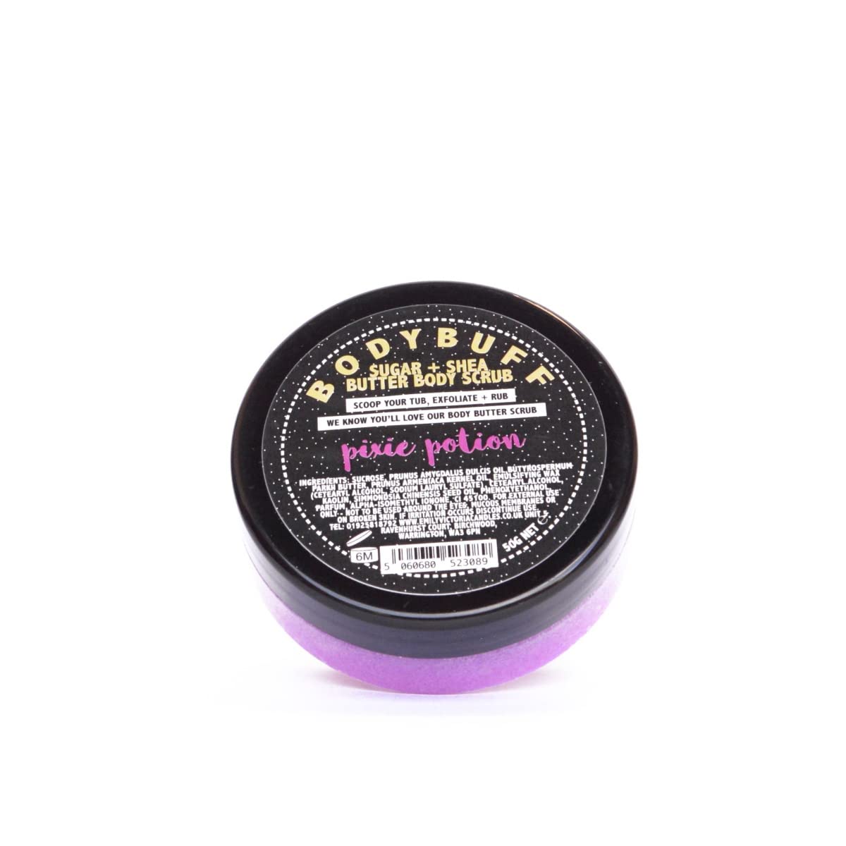 Emily Victoria Travel Size Body Buff Sugar & Shea Butter Body Scrub - Pixie Potion Sweet Scent 50g | Exfoliating & Moisturizing for Soft Skin | Perfect for Travel, Spa Days & Gift Giving